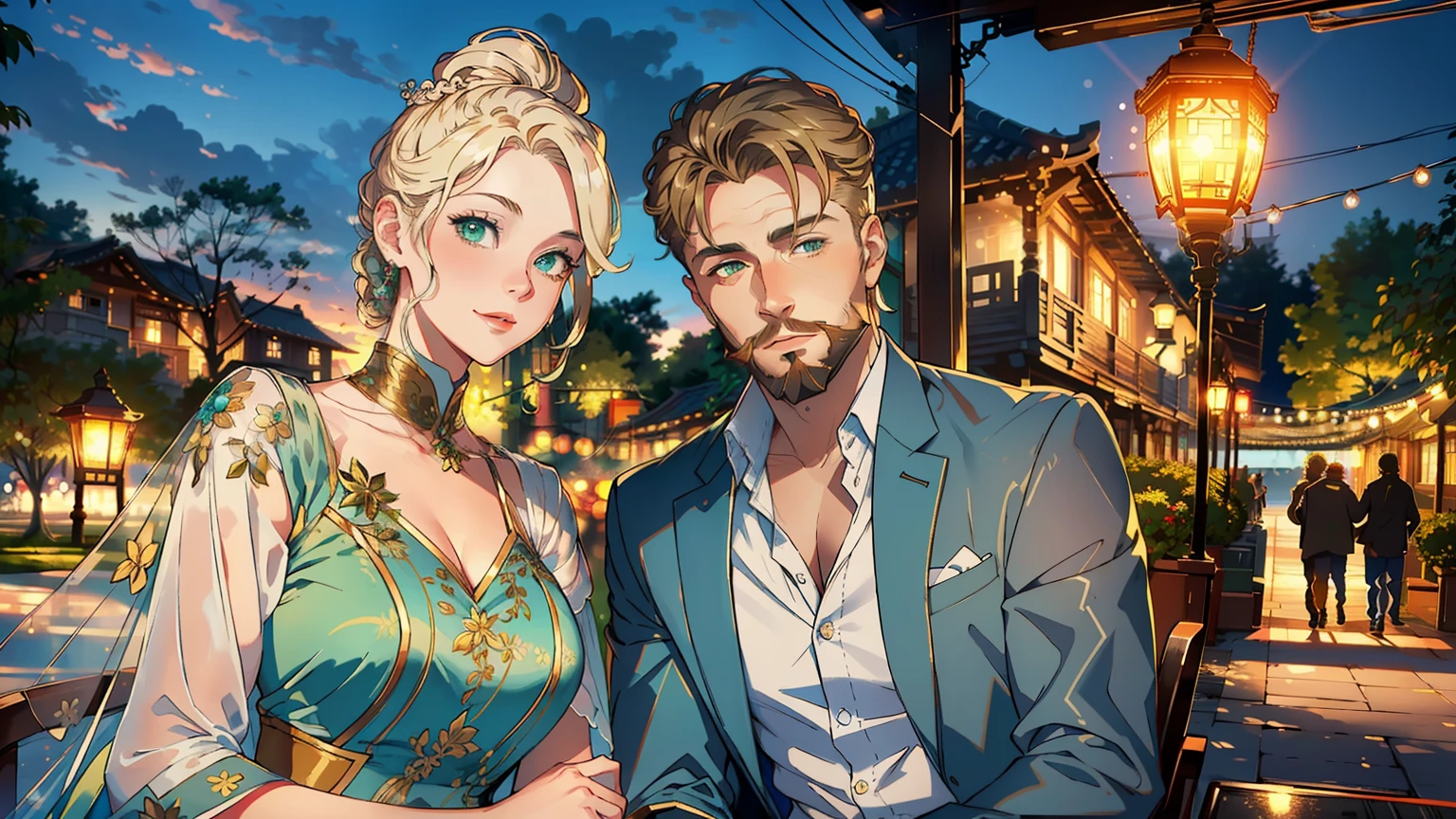 (1 blonde girl with green eyes), (1 adult brunet man with beard), (male and female), (masterpiece:1.2, best quality), girl with a bun, happy couple, (correct anatomy), a high resolution, (beautiful detailed faces), (detailed beautiful eyes: 1.2), ((anatomically correct hands)), (detailed 8k wallpaper, masterpiece, best quality, best shadow), ( detailed background), (depth of field, bokeh:1.2), (best illumination, an extremely delicate and beautiful), semi-realistic, evening dramatic lighting, sunset sky, in the background asian festival