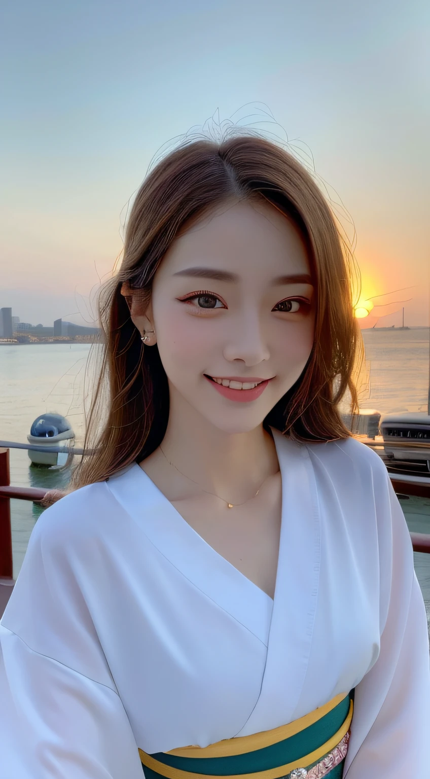 beautiful eyes, realistic eyes,look at camera,smile,(((top quality, 8k, masterpiece))), crisp focus, (beautiful woman with perfect figure), slender, (hairstyle: up)), ((kimono: Kara)), street: 1.2 Highly detailed face and skin texture Detailed eyes Double eyelids random posture, (smile),super cute Japan person,super beauty Japanese girl, realistic face, double eyelid,summer festival , at sunset , beautiful tooth , fire-works back-ground.