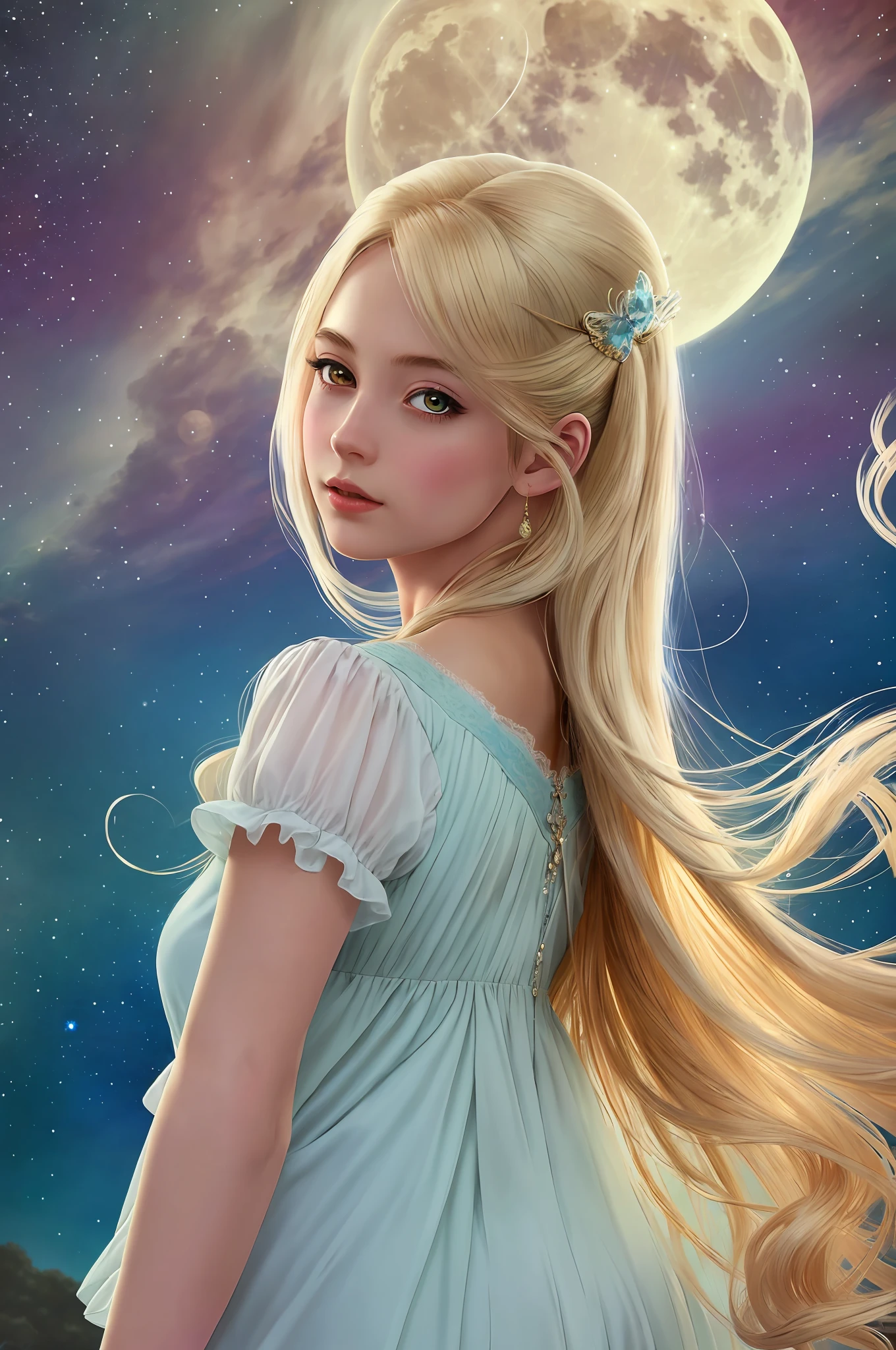 A highly detailed anime illustration, 1girl, vintage, dreamy, magical, dynamic pose, drawing, trending on artstation, UHD, luminosity,  full moon, blonde, Artemis, archer