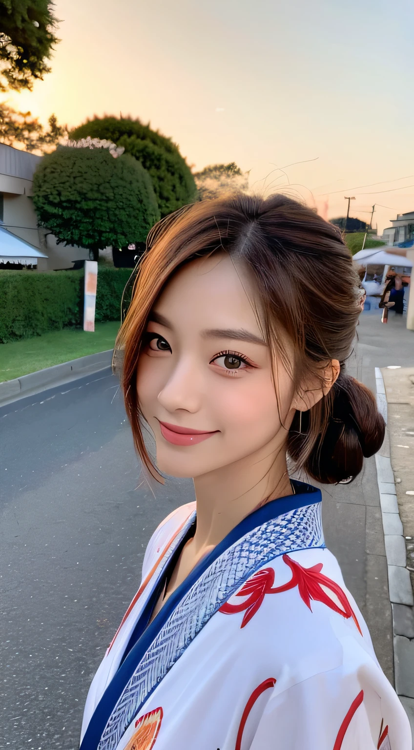 beautiful eyes, realistic eyes,look at camera,smile,(((top quality, 8k, masterpiece))), crisp focus, (beautiful woman with perfect figure), slender, (hairstyle: up)), ((kimono: Kara)), street: 1.2 Highly detailed face and skin texture Detailed eyes Double eyelids random posture, (smile),super cute Japan person,super beauty Japanese girl, realistic face, double eyelid,summer festival , at sunset , beautiful tooth , fire-works back-ground.