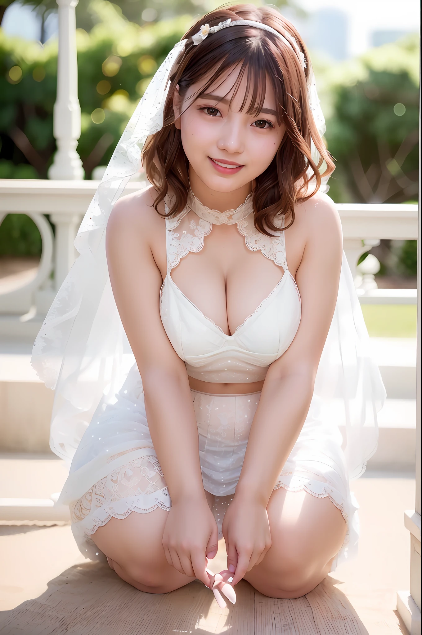 Realistic, Best Quality, Photorealistic, Masterpiece, 8K, High Definition, Solo,1 Female, 25 Years Old, ((((Female)))), Very Detailed Face, (Skin Spots:1.2), (Skin Dentation), Black Eyes, ((Viewers Watch:1)), (Look at Camera), (Portrait: 0.6), ((White Lace Prom Dress))), (A-Line), Gorgeous, Mini Length, Intricate lace embellishments, necklace, luxurious tiara, thighs, garter stockings, (squatting, spreading your legs), (huge max huge, plump fat: 1.4), white transparent bride veil, small transparent undersized skin wearing a tight white string micro bikini, (side boob), (underboob), golden choker, ( Visible Cameltoe: 1.2))), (Short Hair), Brown Hair, Floating Hair, Braided Hair, Hair Ornament, Transparent Veil, Lips, Lipstick, Eyelashes, Moles, (Moles Under Eyes: 1), Seductive Smile, open_mouth, Teeth, Fashionable and trendy atmosphere, (Professional lighting, Bokeh), (Light particles, Lens flares, Luminous particles: 0.6), (Dynamic Pose :1.3), Soft lighting, Garden Wedding, (Daytime), Sky,