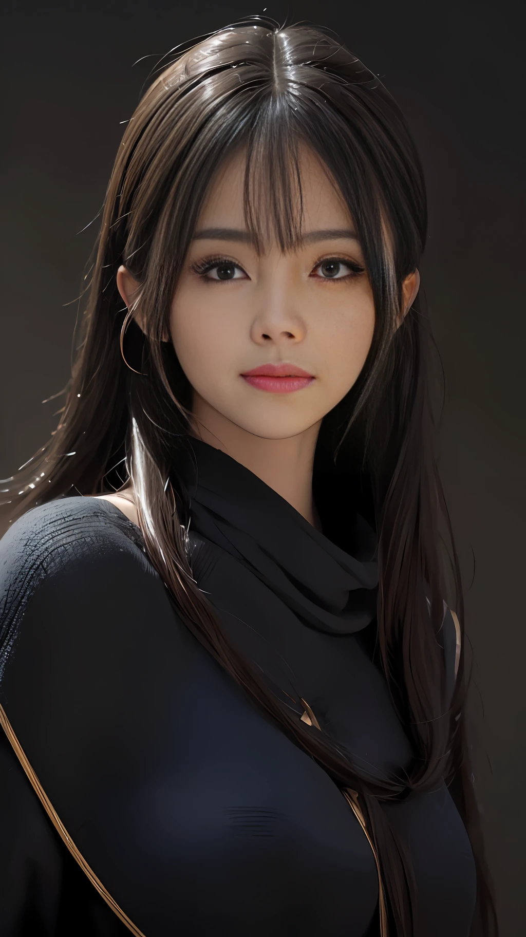 (Ultra Realistic), (Illustration), (Increased Resolution), (8K), (Extremely Detailed), (Best Illustration), (Beautiful and Detailed Eyes), (Best Quality), (Ultra Detailed), (Masterpiece ), ( wallpaper), (detailed face), solo, 1 girl, looking at viewer, fine details, detailed face, in the dark, deep shadows, low key, pureerosfaceace_v1, smiling, long hair, black shawl straight hair , 46 points oblique bangs