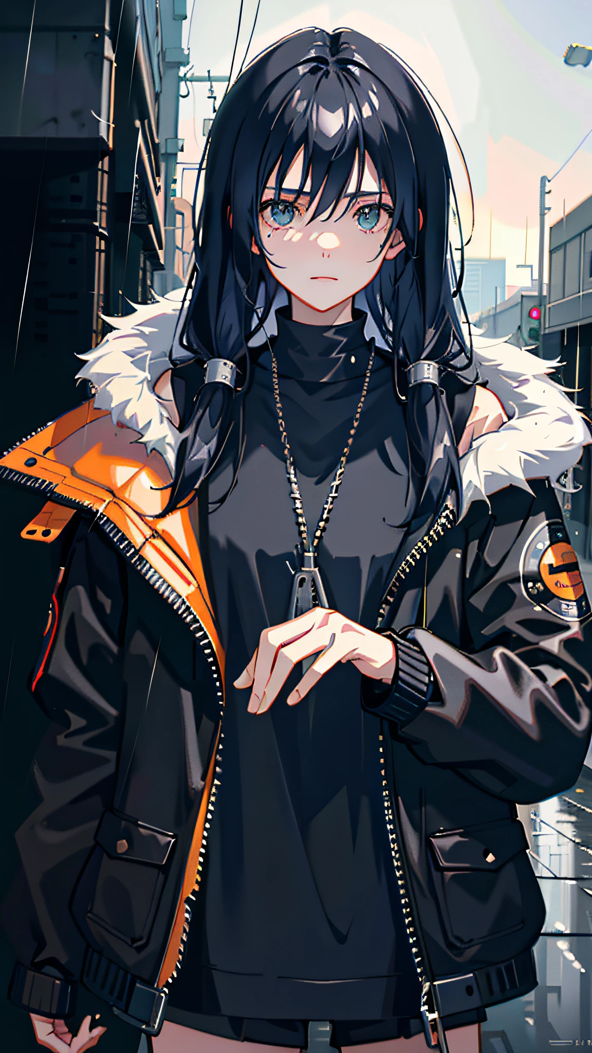 1girl, jacket, rain, outdoor, hoodie, open jacket, chain, backpack, looking at another, messy hair, trending on artstation, 8k resolution, highly detailed, anatomically correct, sharp image, digital painting, concept art, trending on pixiv, style of makoto shinkai,