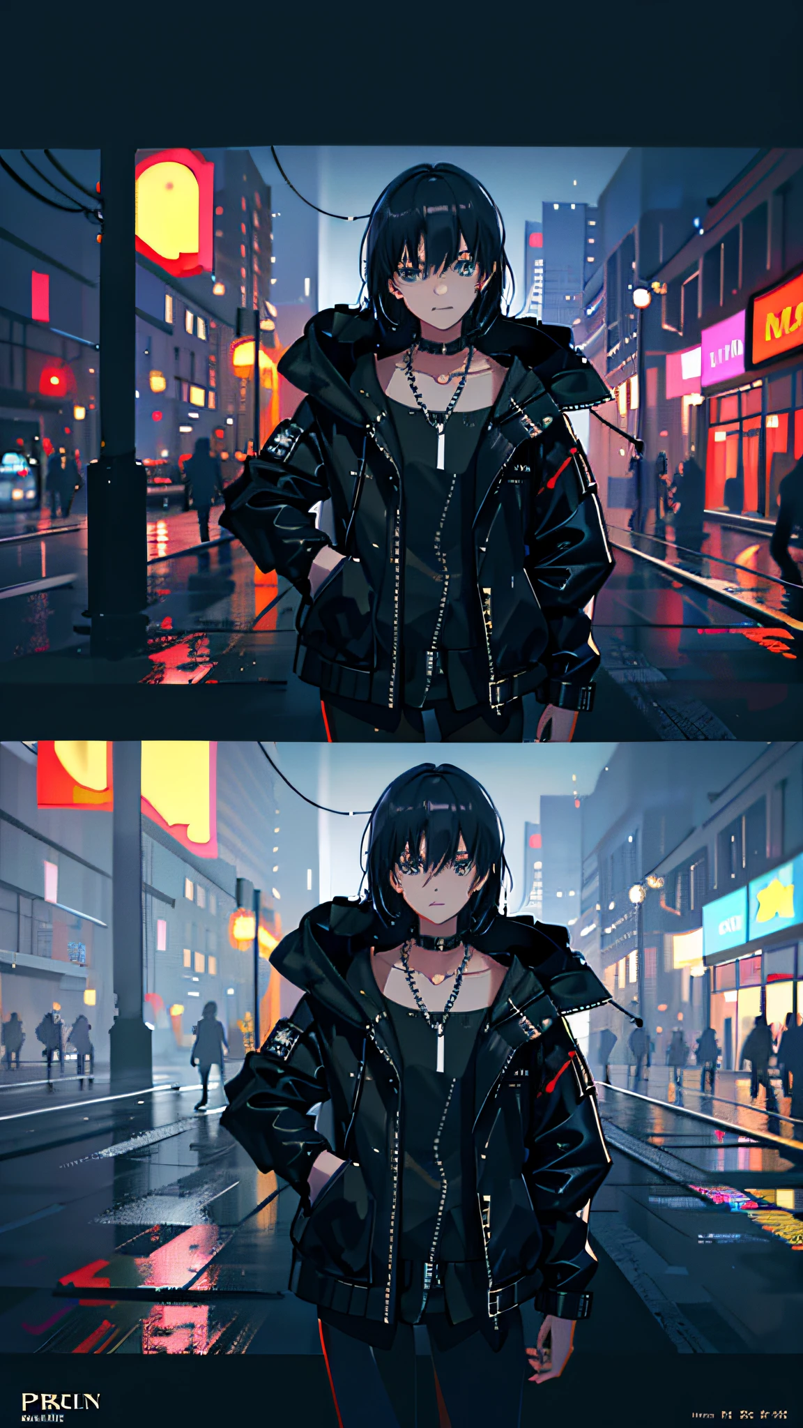 1girl, jacket, rain, outdoor, hoodie, open jacket, chain, backpack, looking at another, messy hair, trending on artstation, 8k resolution, highly detailed, anatomically correct, sharp image, digital painting, concept art, trending on pixiv, style of makoto shinkai,
