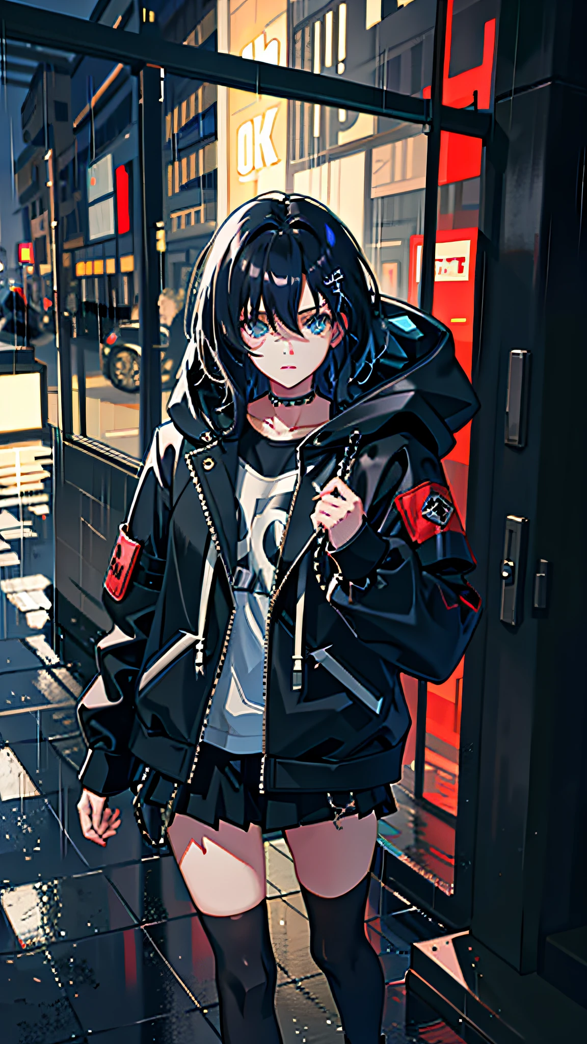 1girl, jacket, rain, outdoor, hoodie, open jacket, chain, backpack, looking at another, messy hair, trending on artstation, 8k resolution, highly detailed, anatomically correct, sharp image, digital painting, concept art, trending on pixiv, style of makoto shinkai,