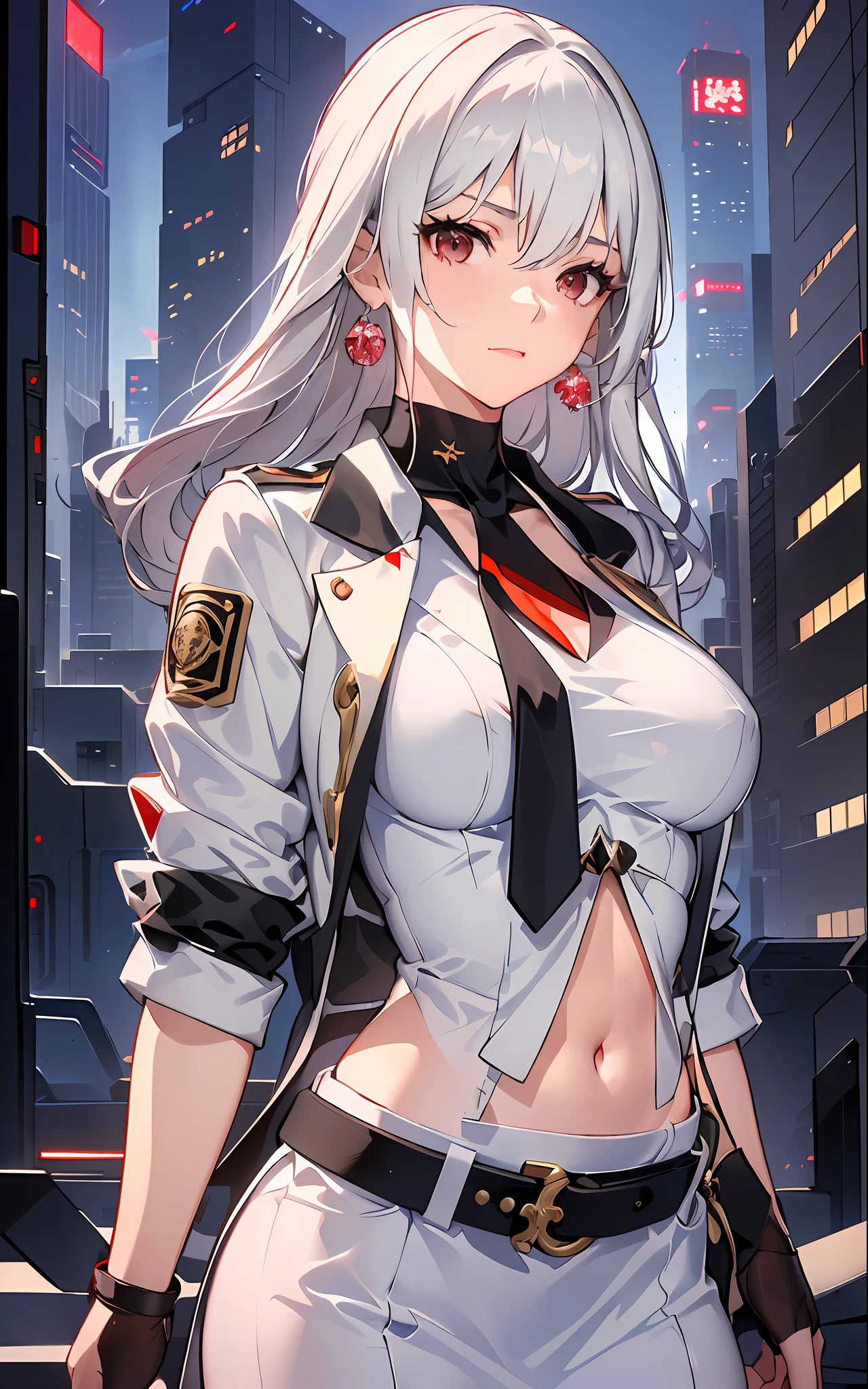 1girl, close up shot, (white hair, medium hair, large breasts, red eyes), perfect anatomy, city, cyberpunk style, ((white shirt, black jacket, black skirt, navel, belt, black gloves, neck tie, wrist watch, earrings, see through black leggings)), ((holding gun)), war, ruined city, battle field, rubble, buildings,cigarette