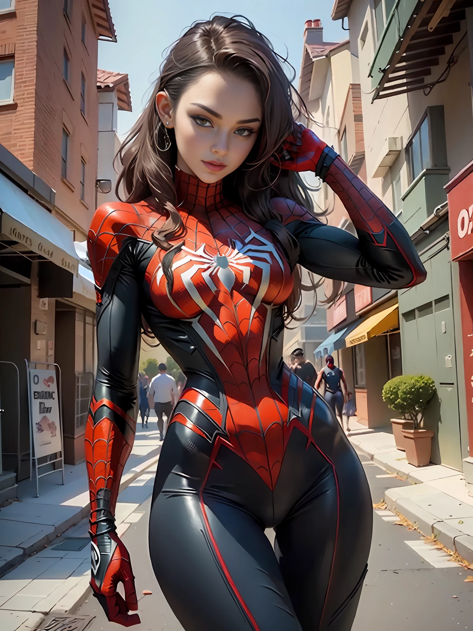 Beautiful woman detailed defined body using spider man cosplay, small breasts