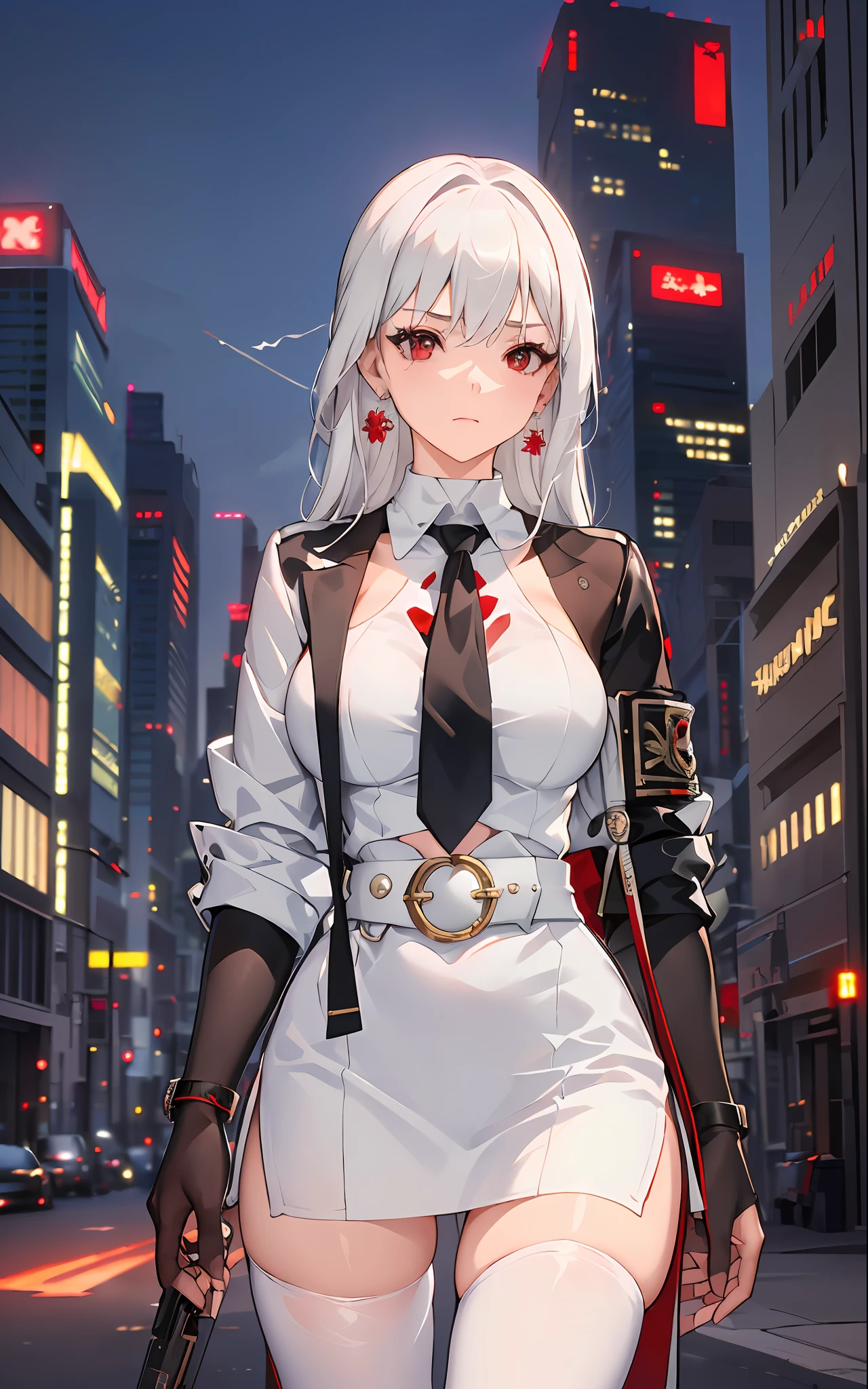1girl, close up shot, (white hair, medium hair, large breasts, red eyes), perfect anatomy, city, cyberpunk style, ((white shirt, black jacket, black skirt, navel, belt, black gloves, neck tie, wrist watch, earrings, see through black leggings)), ((holding gun)), war, ruined city, battle field, rubble, buildings,cigarette