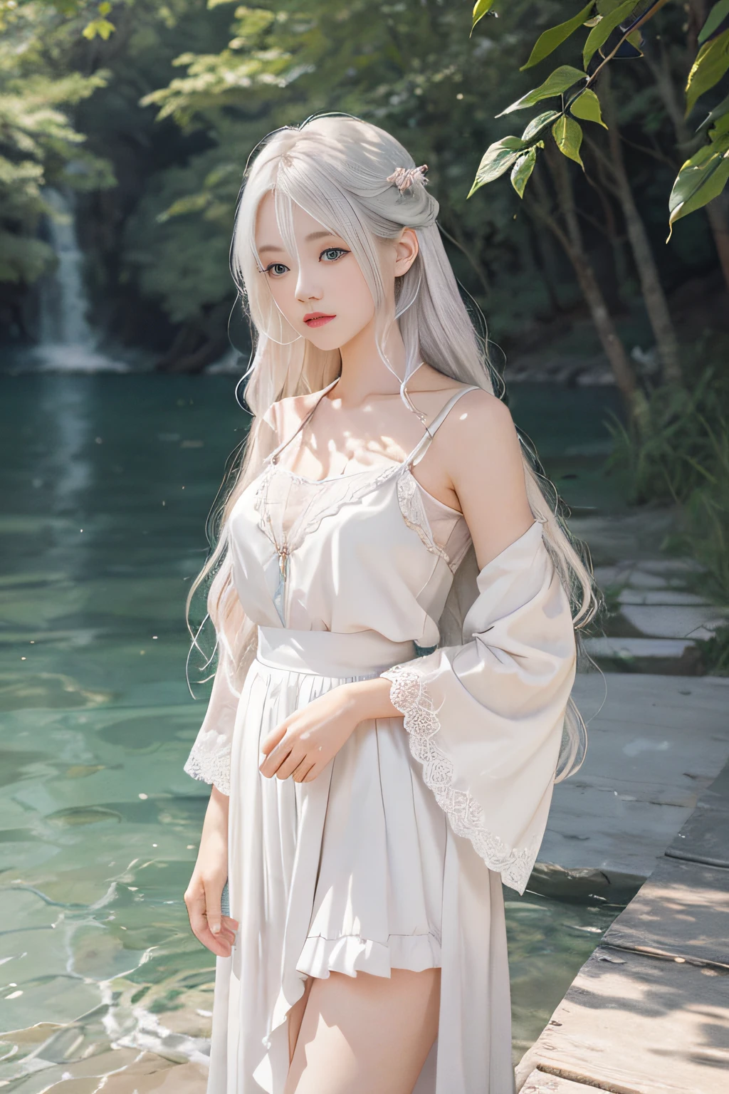 On the quiet shore of the lake, stands a beautiful girl with flowing white hair and pale pink eyes, her skirt gently fluttering in the breeze. She held a delicate silver hairpin in her hand and occasionally used it to straighten a few strands of hair hanging down her face. The surroundings are tranquil and picturesque, with the vibrant colours of nature blending harmoniously to create a tranquil atmosphere. Realistic photography with a 35mm lens and f/2.8 aperture to capture the girl's natural beauty and the stunning scenery around her.