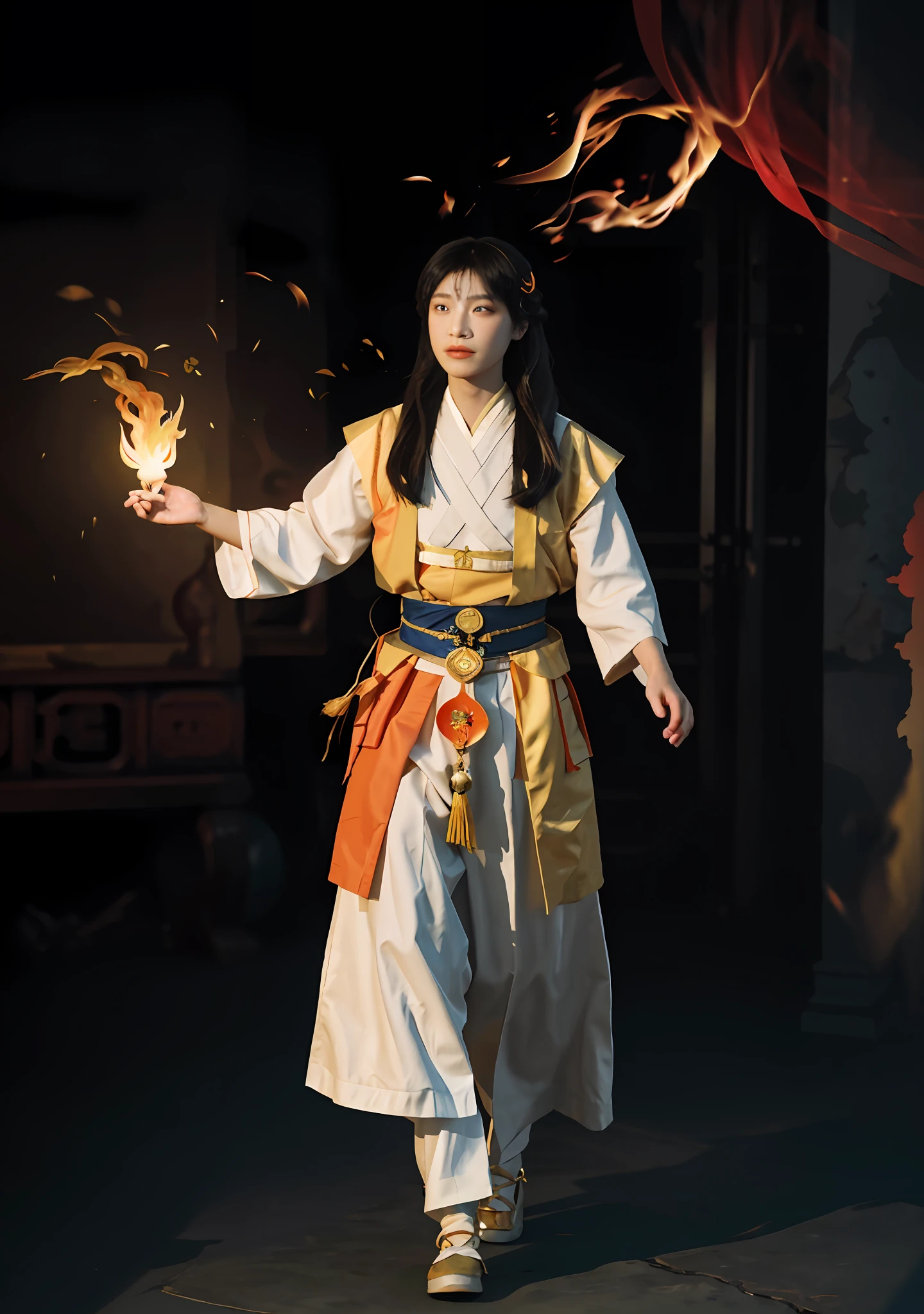 a picture full of stories, GoPro, dynamic blur, longexposure,close up, a handsome long hair asiaman wearing tang dynasty is in battle, in themiddle of orange flame, covered with fire, martiaarts action, in the style of ethereal portraiture, byPolina Washington, chinese style, playing theight and shadow,bauhaus photography, fuii28mm,hypercolorful dreamscapes, camilleclaudel, selective focus, golden light --ar 3:4 --s1000 --niji 5