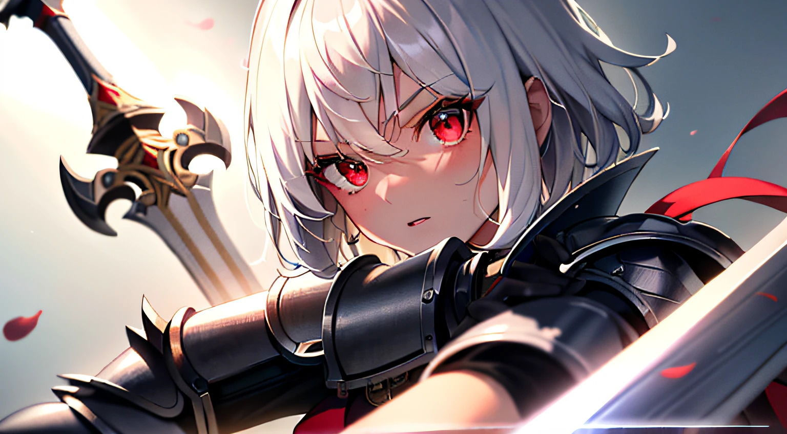 masterpiece , a girl, in a field, ( lite white short hair:1.2), (red eyes:1.2), (Crausader:1.2), (looks at the viewer:1.2) , (8k, best quality 1.2), ultra-detailed, 8k uhd, soft lighting, high quality, film grain, beautiful lighting, cinematic ,perfect body , best illumination, best shadow, sharpness, contrast, red glasses, messy hair, , absurdres high detailed face, steel armour, great sword