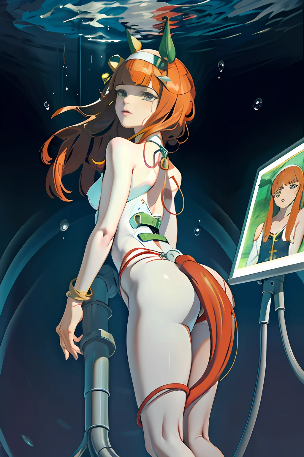(masterpiece, top quality, best quality, official art, beautiful and aesthetic:1.2), extreme detailed,colorful,highest detailed ((ultra-detailed)), (highly detailed CG illustration), ((an extremely delicate and beautiful)),cinematic light,
cultivation tank,1girl, long hair, solo, underwater, very long hair, bubble, barefoot, air bubble, , , submerged, anklet, convenient censoring, freediving, 
full body,machine made joints,blood vessels connected to tubes,mechanical vertebra attaching to back,mechanical cervial attaching to neck,expressionless,wires and cables attaching to neck,wires and cables on head,character focus,science fiction,blood,silence suzuka \(umamusume\)