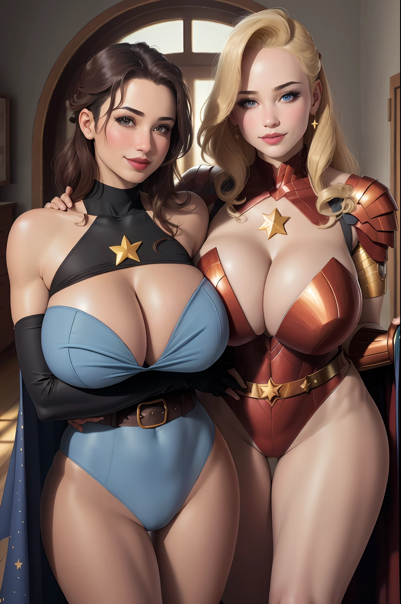 beautiful, (masterpiece:1.2), (best quality:1.2), perfect eyes, perfect face, perfect lighting, 2girls, arm around shoulder, asymmetrical docking, belt, black hair, blonde hair, blue eyes, blue gloves, blush, breast press, breasts, brown eyes, bursting breasts, cape, cleavage, cleavage cutout, clothing cutout, dark-skinned female, dark skin, facial, gloves, hand on another's shoulder, hand on hip, hands on hips, hearts, love hearts, highleg, huge breasts, massive breasts, nipple slip, leotard, lips, lipstick, long hair, looking at viewer, makeup, multiple girls, short hair, smile, star \(symbol\), star print, superhero, turtleneck,