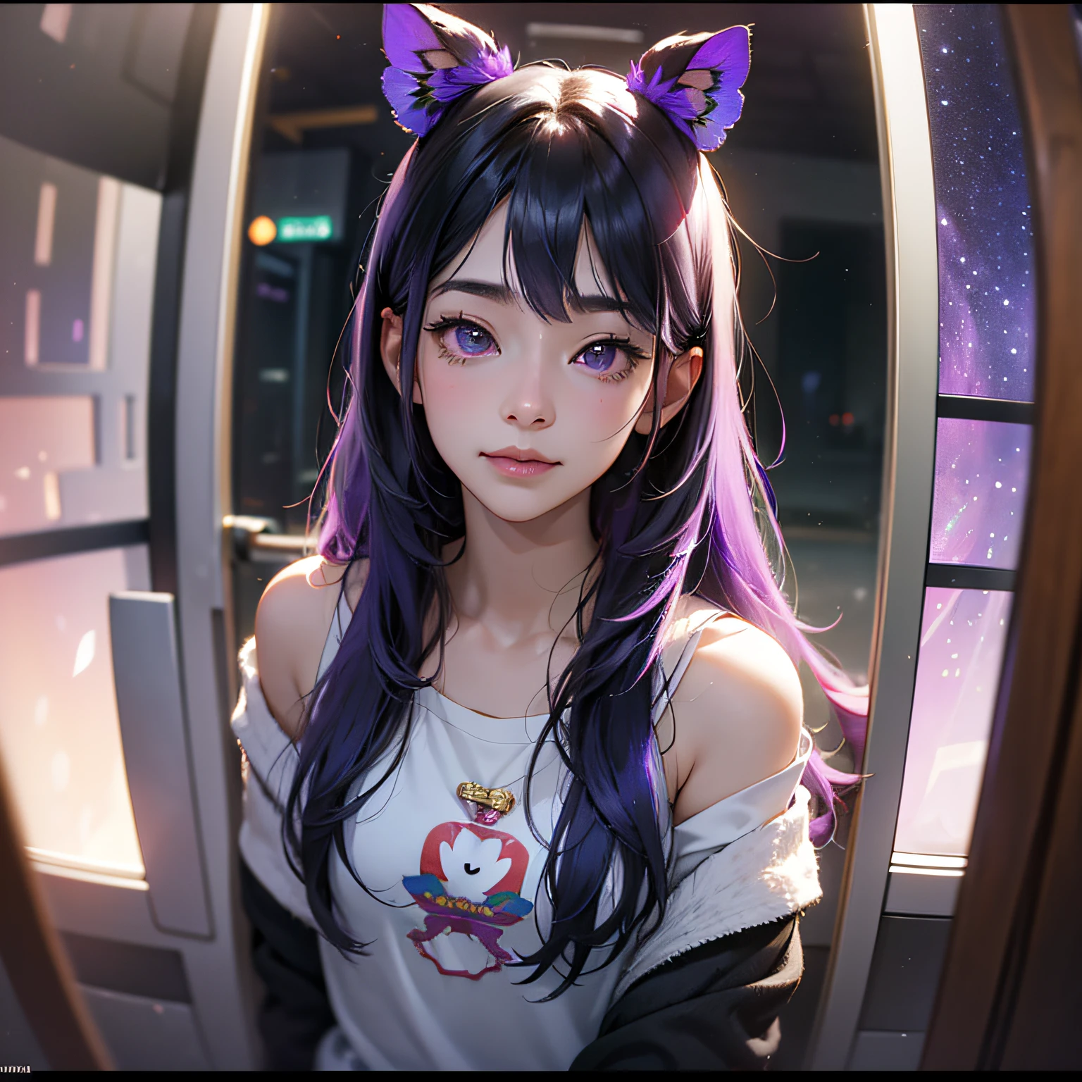 purple inner hair, long hair, butterfly hair ornaments, heart-shaped pupils, symbol shaped pupils, smile, surprise, surrealism, renaissance, anime, anime, anime style, suprematism, verism, cinematic lighting, chiaroscuro, ray tracing, reflected light, fuji, dioragram, first-person perspective, pov, close up, wide angle, perspective shortening, uhd, retina, masterpiece, ccurate, textured skin, high detail, high resolution, award-winning, 16k, best quality, high quality ,1 Girl, Female Focus, Solo, Alone, Alone, Inspired by Yuriko Ishida, Suzuko Hirose, Misakura Imada, Mai Shiraishi, Kyoko Fukada, Miwa Hamabe, Rina Hashimoto, Satomi Ishihara --auto --s2