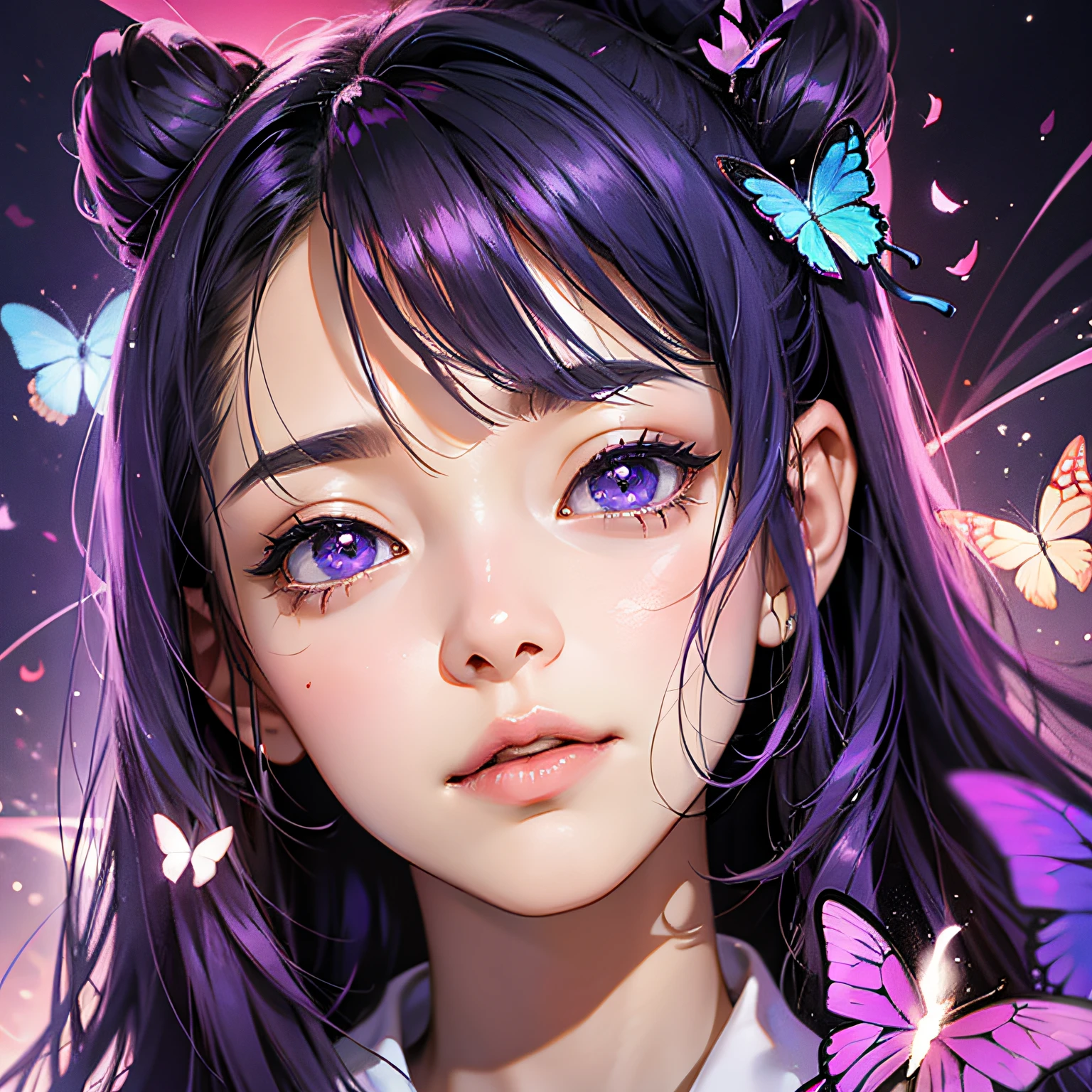 purple inner hair, long hair, butterfly hair ornaments, heart-shaped pupils, symbol shaped pupils, smile, surprise, surrealism, renaissance, anime, anime, anime style, suprematism, verism, cinematic lighting, chiaroscuro, ray tracing, reflected light, fuji, dioragram, first-person perspective, pov, close up, wide angle, perspective shortening, uhd, retina, masterpiece, ccurate, textured skin, high detail, high resolution, award-winning, 16k, best quality, high quality ,1 Girl, Female Focus, Solo, Alone, Alone, Inspired by Yuriko Ishida, Suzuko Hirose, Misakura Imada, Mai Shiraishi, Kyoko Fukada, Miwa Hamabe, Rina Hashimoto, Satomi Ishihara --auto --s2