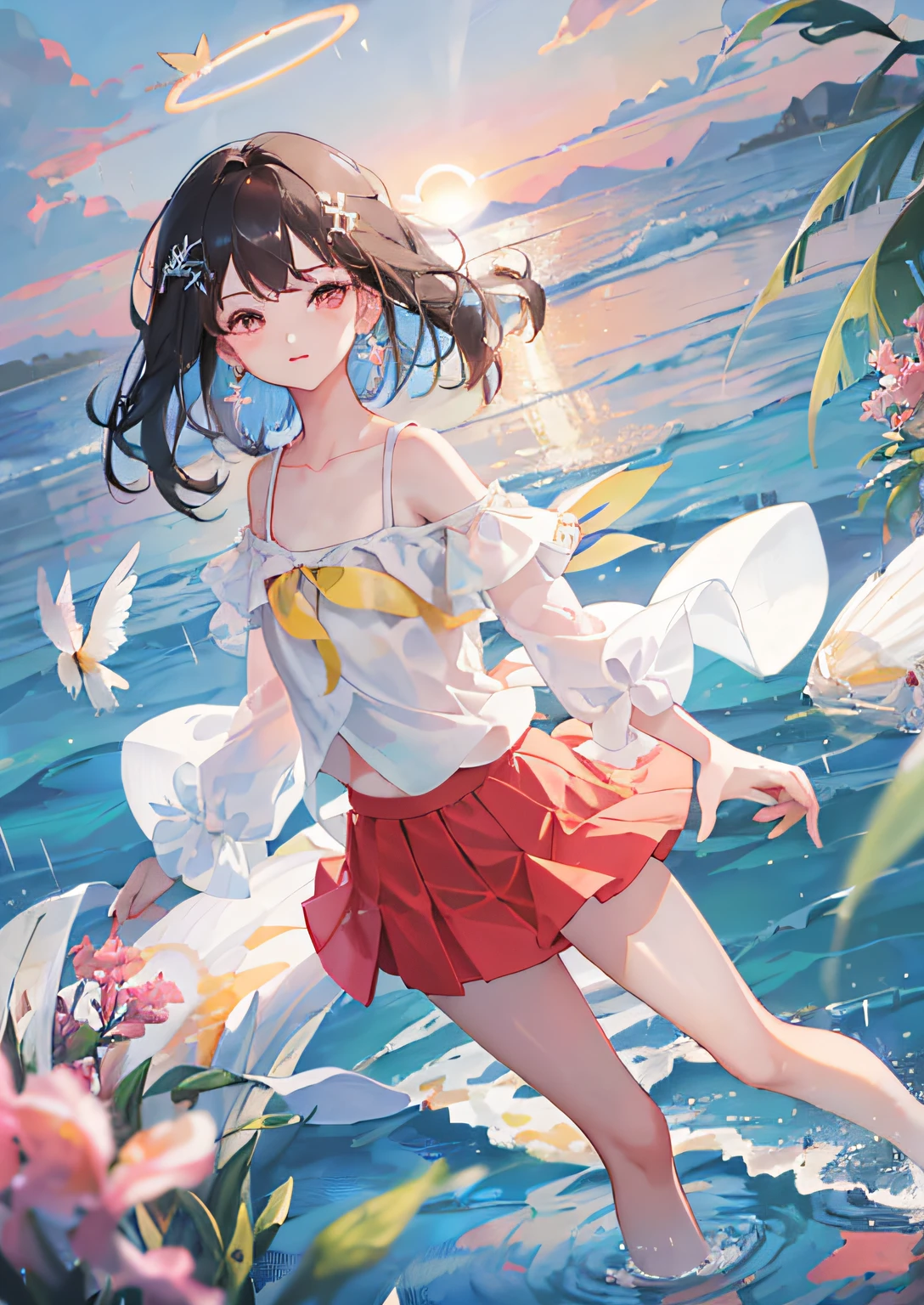 Dynamic Angle, Upper Body, (Half: 1.3), (Full Body: 1.2), (Myopia: 1.8), Colorful, (Floating Wind), (Highest Quality), (Masterpiece), (Detail Eye Description), (Macro shot: 1.25), (8K wallpaper), (Face Detail), Depth of Field, (Lens Halo), Floating Water, Floating Rain, Streams, Fields, Small Dust, ((Breeze), (Floating Wind), Summer, Sunset, Horizon, (blurred background), seaside road, mountain forest, water, wading, semi-submerged, (bright light: 1.2), (altocumulus: 1.2), bird, butterfly, falling flowers, (close-up: 1.2), (fisheye: 1), 1girl, black hair, eyes, delicate beautiful eyes, earrings, (delicate clothes: 1.3), (flat chest: 1.2), short skirt, red skirt, such as group, bare shoulder, (short skirt), (from above: 1.3), full body,