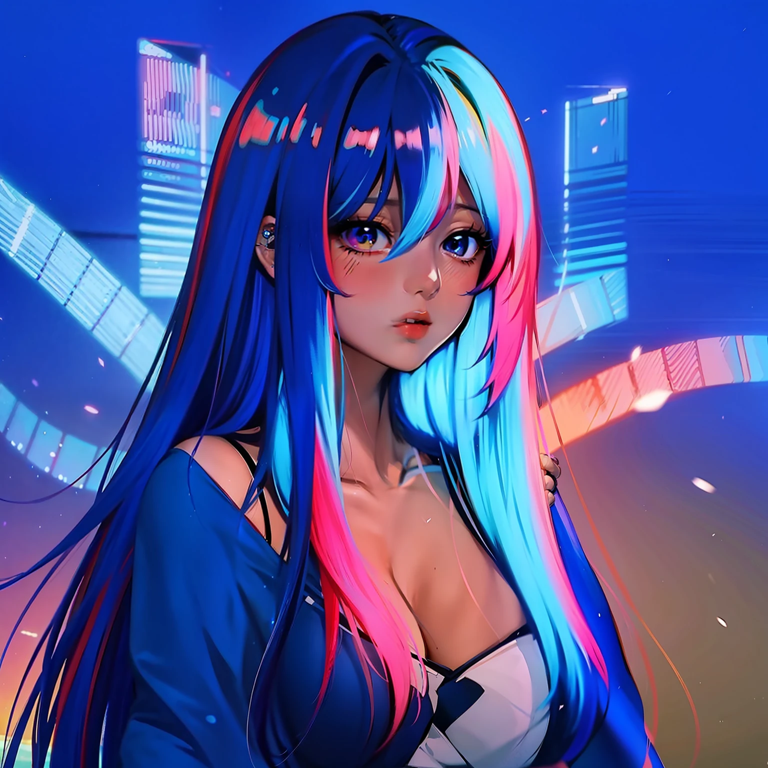 long hair beautiful anime girl hair flouresente corroxo and bright blue