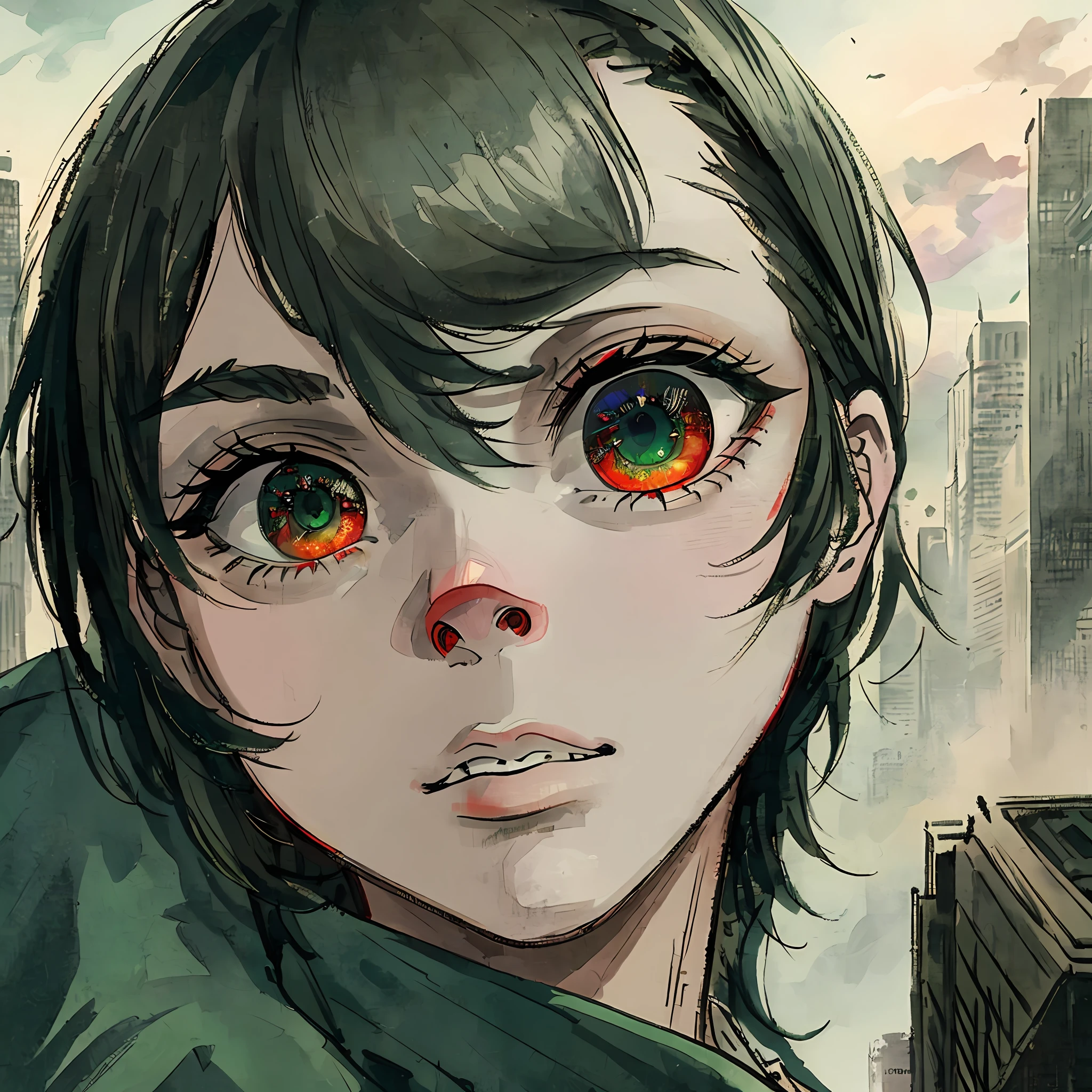 A super close-up photo of a killer, (urban landscape), (multicolored eye), green skin, realistic, photo, cinematic lighting.