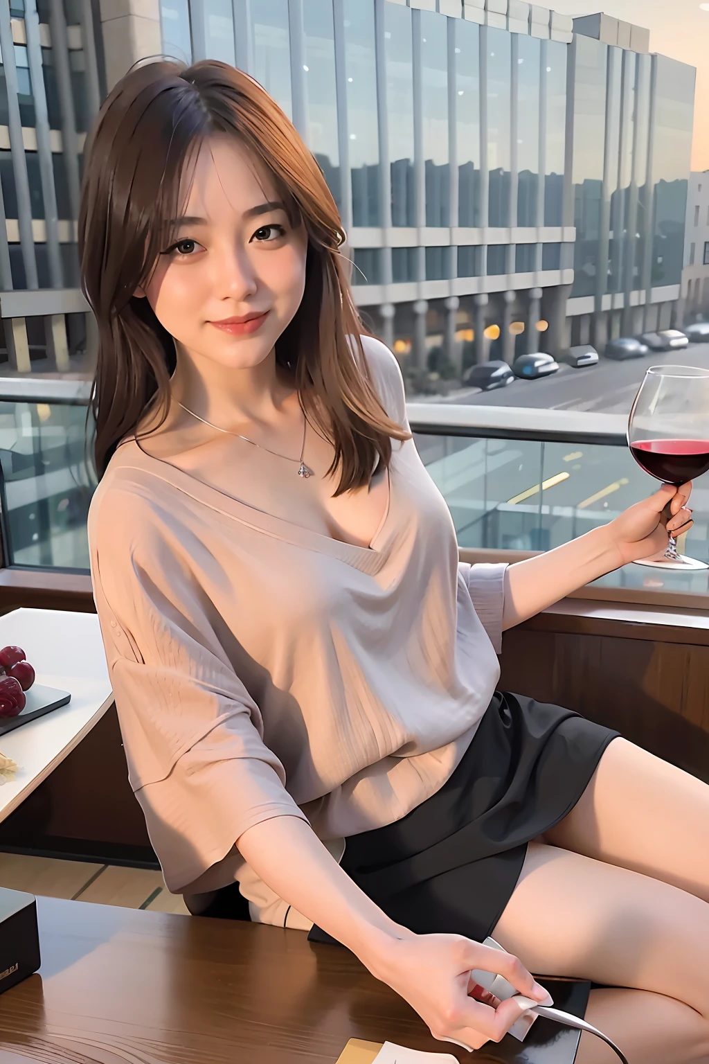 (Masterpiece), (Best Quality), (Extremely Delicate and Beautiful), (Beautiful and Delicate Eyes), Shawl Long Hair, Silver Hair , Ultimate Perfect Woman, Harmonious Hand, Masterpiece, Perfect Hand, Full Body Photo, Seated, Real Person, Sitting Behind a Desk, Perfect Wine Bottle, Goblet, Office Building Top Floor, Night View, Facing the Camera, Smiling Expression, Women's Suit, Top View, Holding a Wine Glass, 1 Woman, Urban White Collar