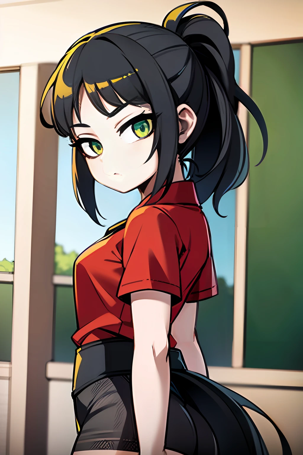 masterpiece, high quality, (anime), best quality, 1girl, very detailed eyes and face, loose red shirt, dynamic pose, dynamic light, face only, ponytail hair, (background: classroom), (((green eyes))), dark hair, ((((red shirt)))), ((yellow logo)), denim shorts, aquamarine shorts, ((excited)), black hair, yellow bun, stop, ((short long))), (gray tights), front view, dark black hair, flat chest, (15 years), small figure, small thighs, (G logo), large size shirt, thin body, ponytail hair, ((dynamic background)), dark greenish hair, close view,