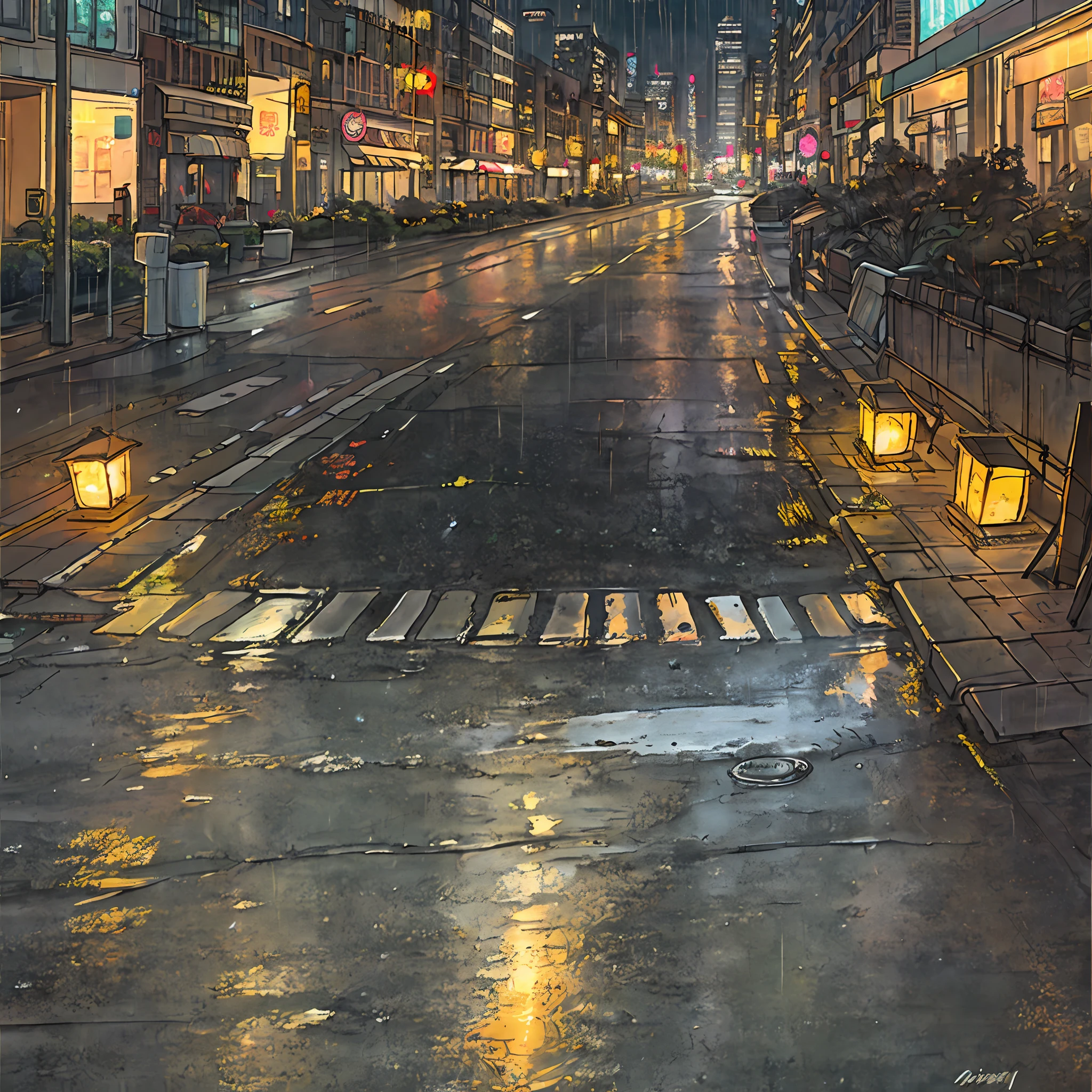 A downtown sidewalk, trash on the ground, raindrops. Detailed lighting.