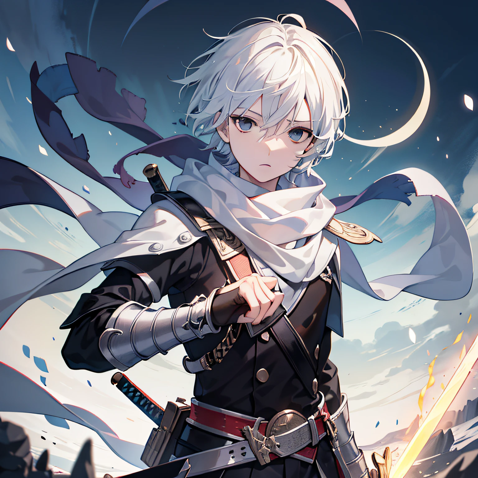 Extremely detailed CG Unity 8k wallpaper, masterpiece, best quality, super detailed, best illustration, boy, alternative hair color, short white hair, solo, black eyes, sword, fighting_stance, ice, expressionless face, scarf, ((half moon))