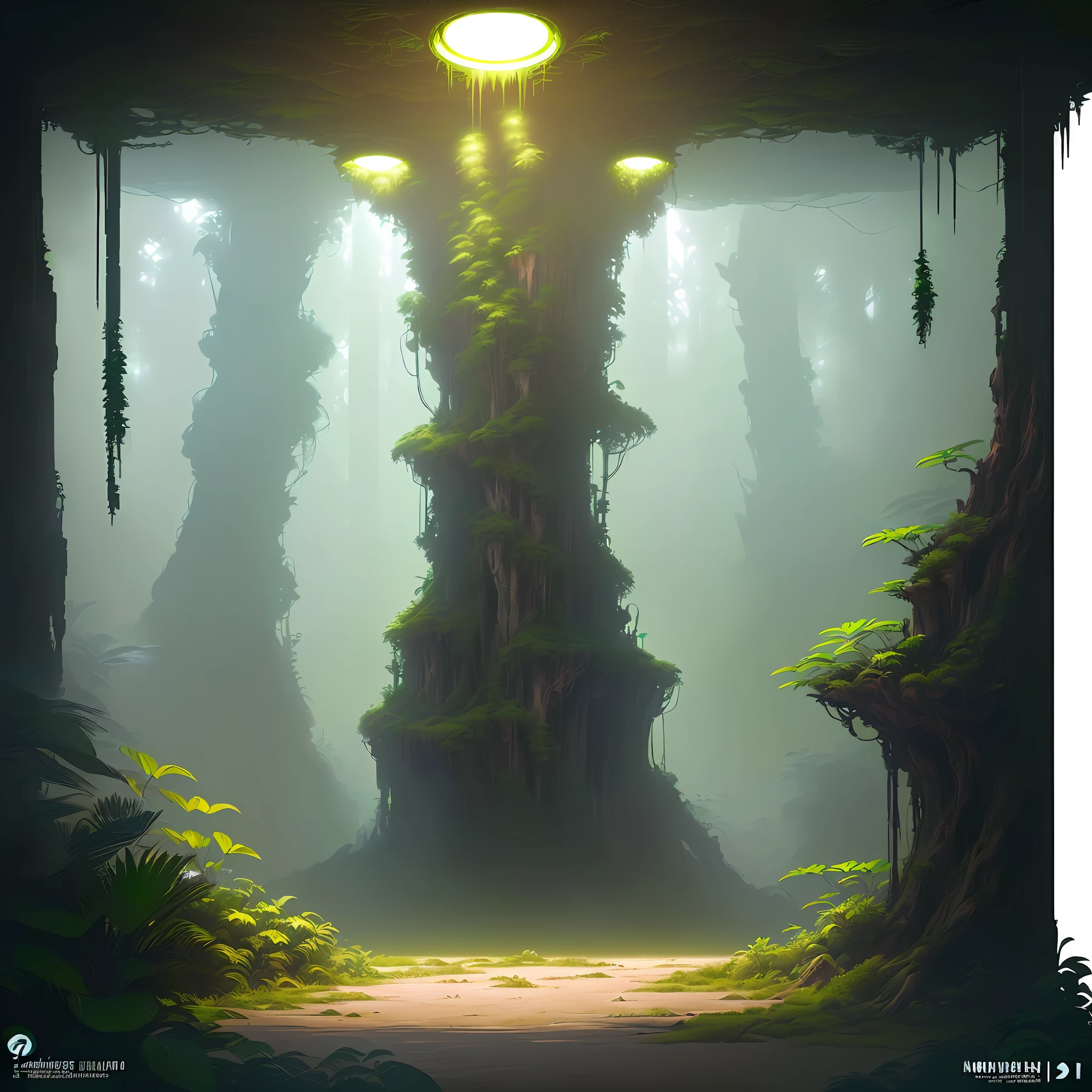 ((Environmental Concept Art, Concept Art Illustration, Mystery Science Fiction Concept Art)::1.3),(((1 person)),On Logs,Lush Alien Landscape,Next to Alien Plants,((Interior of Alien Jungle,Conceptual World Art,Environmental Design Illustration)::1.2),Dense Leaf Branches,Award Winning Works,Wallpaper 4K,(((Liang)) Artist,((Award-Winning Artist))) 8K