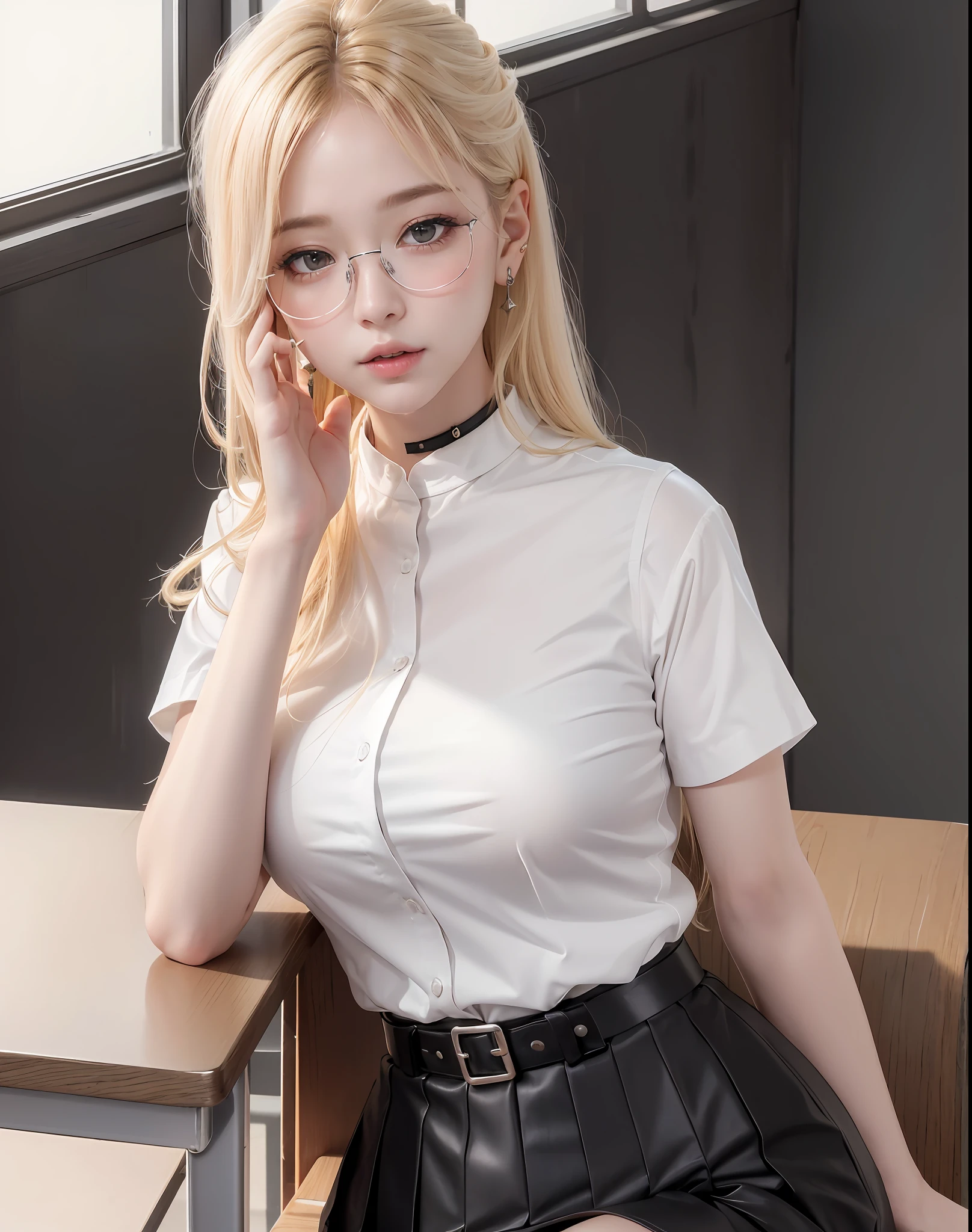 absurdres, 1girl, blush, (realistic:1.5), (masterpiece, Extremely detailed CG unity 8k wallpaper, best quality, highres:1.2), (ultra_detailed, UHD:1.2), perfect illumination, distinct, (1girl:1.4), looking at viewer, unreal engine, sidelighting, perfect face, detailed face, perfect body, beautiful eyes, pretty face, (bright skin:1.4), idol, (abs), ulzzang-6500-v1.1,,((narrow waist)),(blonde hair),MAHALAIUNIFORM,(((WHITE SHIRT SHORT SLEEVES))),((BLACK polished PENCIL SKIRT)),((BLACK PLEATED SKIRT)),((in the classroom)),(choker),((white shirt short sleeves )),((black pencil skirt)),(belt),((sitting on the table)),(Full body:1.4),bangs,((glasses)),sharp eyes,peck the corners of the mouth,silver earrings,hands in hair,silver watch,((medium breast))