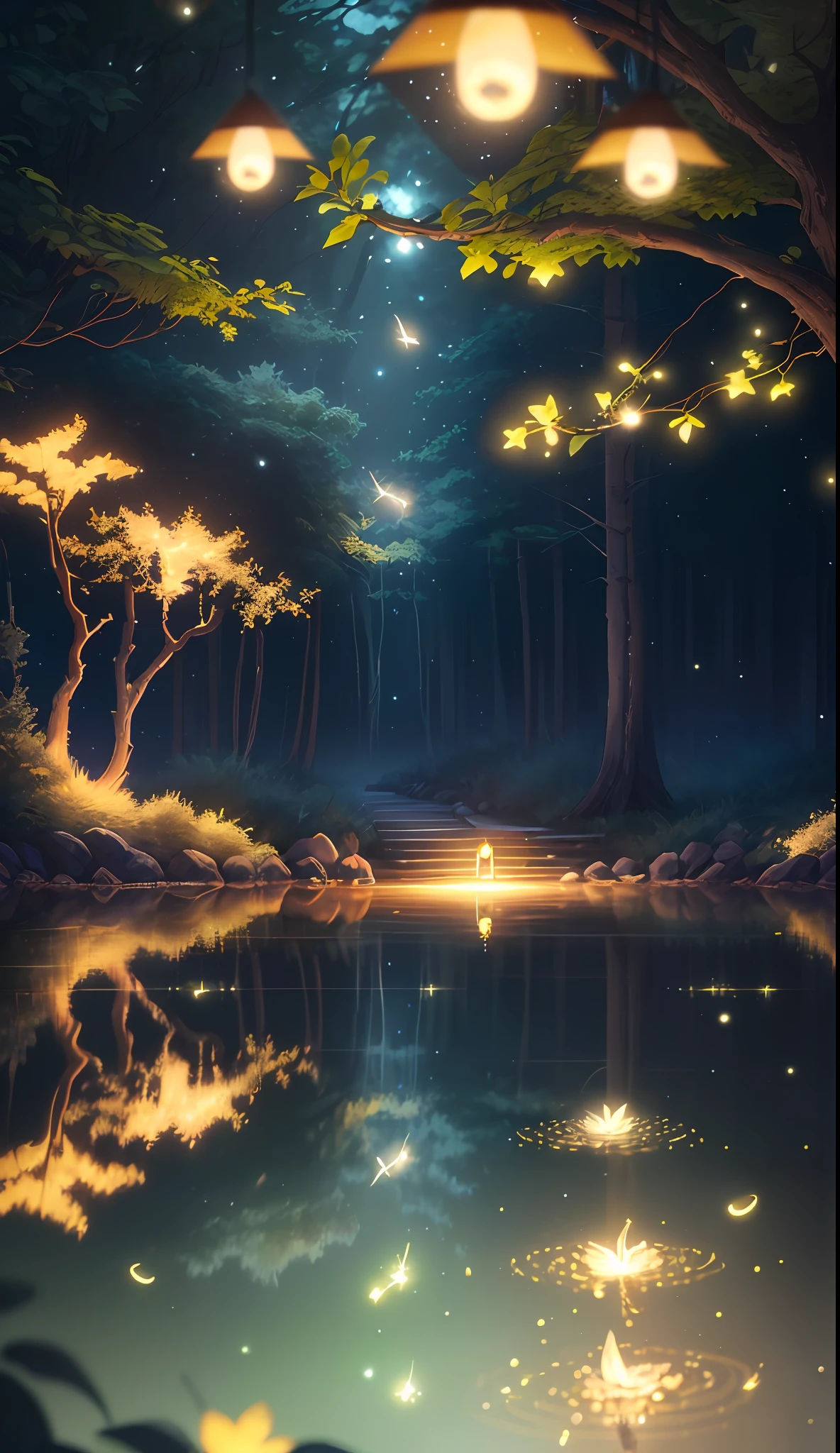 Masterpiece, best quality, (very detailed CG unity 8k wallpaper), (best quality), (best illustration), (best shadows), glow sprite, with a glowing deer, in the swimming pool Drinking water, natural elements in the forest theme. Mysterious forest, beautiful forest, nature, surrounded by flowers, delicate leaves and branches surrounded by fireflies (natural elements), (jungle theme), (leaves), (twigs), (fireflies), (particle effects) etc. 3D , Octane rendering, ray tracing, super detailed