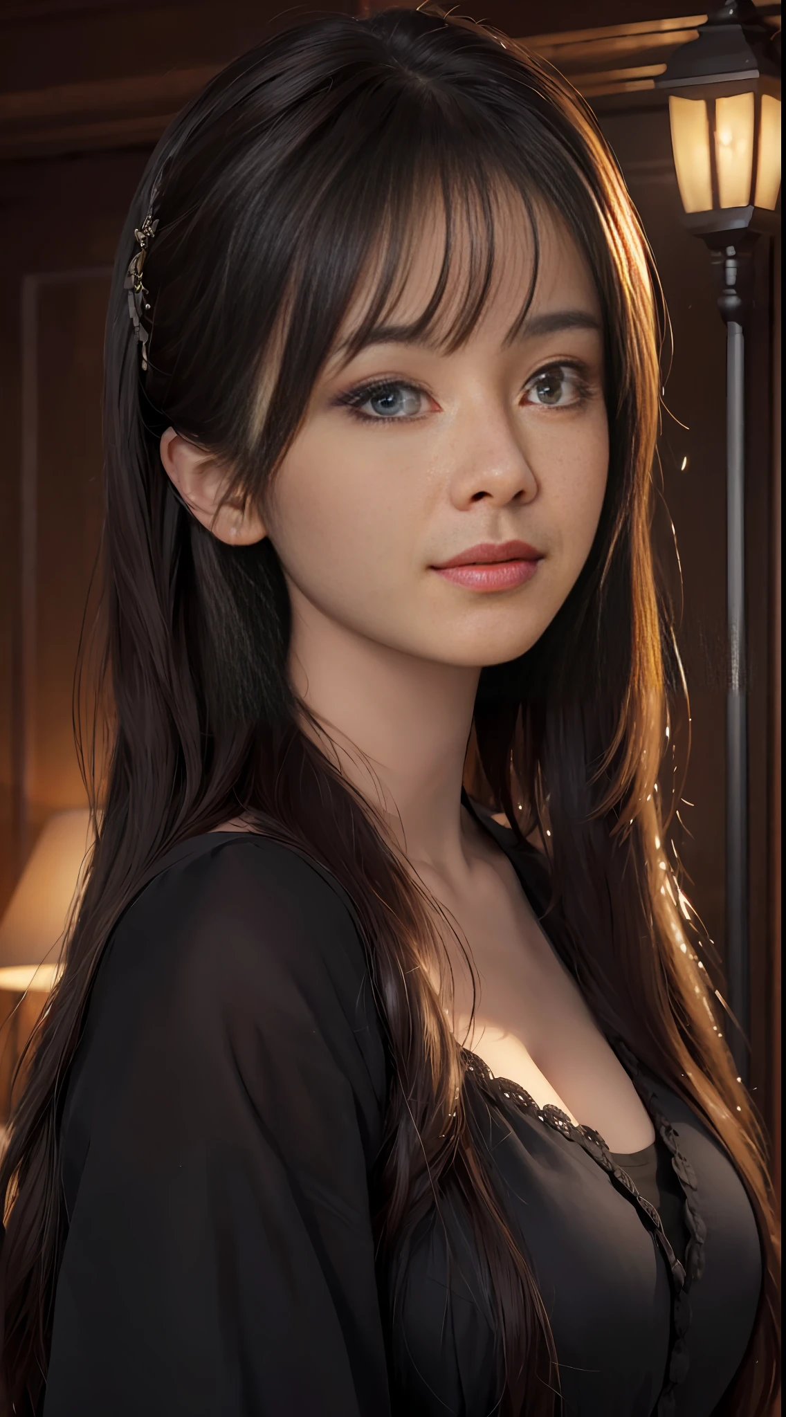 (Ultra Realistic), (Illustration), (Increased Resolution), (8K), (Extremely Detailed), (Best Illustration), (Beautiful and Detailed Eyes), (Best Quality), (Ultra Detailed), (Masterpiece ), ( wallpaper), (detailed face), solo, 1 girl, looking at viewer, fine details, detailed face, in the dark, deep shadows, low key, pureerosfaceace_v1, smiling, long hair, black shawl straight hair , 46 points oblique bangs