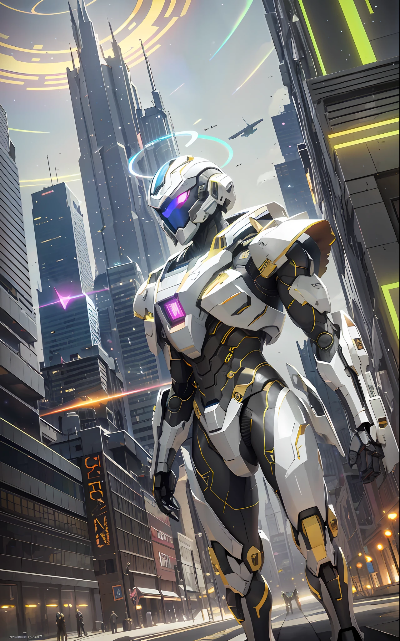 masterpiece, best quality, dramatic angle, ( Holographic, Rainbow, Opal, Vibrant Colors, Colorful), (Halo, Halos, Glowing Eyes, Gradient_Eyes, Glowing Aura, Glowing Energy, Glowing Digital Markings, Glowing Cyber Markings), (professional award-winning cinematic masterpiece), best quality, Symmetrical, Futuristic, sci-fi, aerodynamic,
Armored Core, Ammo Belt, Laser, Laser weapon, sleek and slender,
floating parts, city_lights, galaxy, giant, glowing, night, night_sky, planet, sky, snow, snowing, space, star_\(sky\), starry_sky, wings, fire, darkness, ((non-humanoid robot)), weapon, gun, cannon, military, mechanical parts, (Cyberpunk:1.3), (Luminescent particle:1.5), ,high saturation,low brightness,
Crystal Metal, neon panels,
black metal, red metal, with blue metal metallic accents