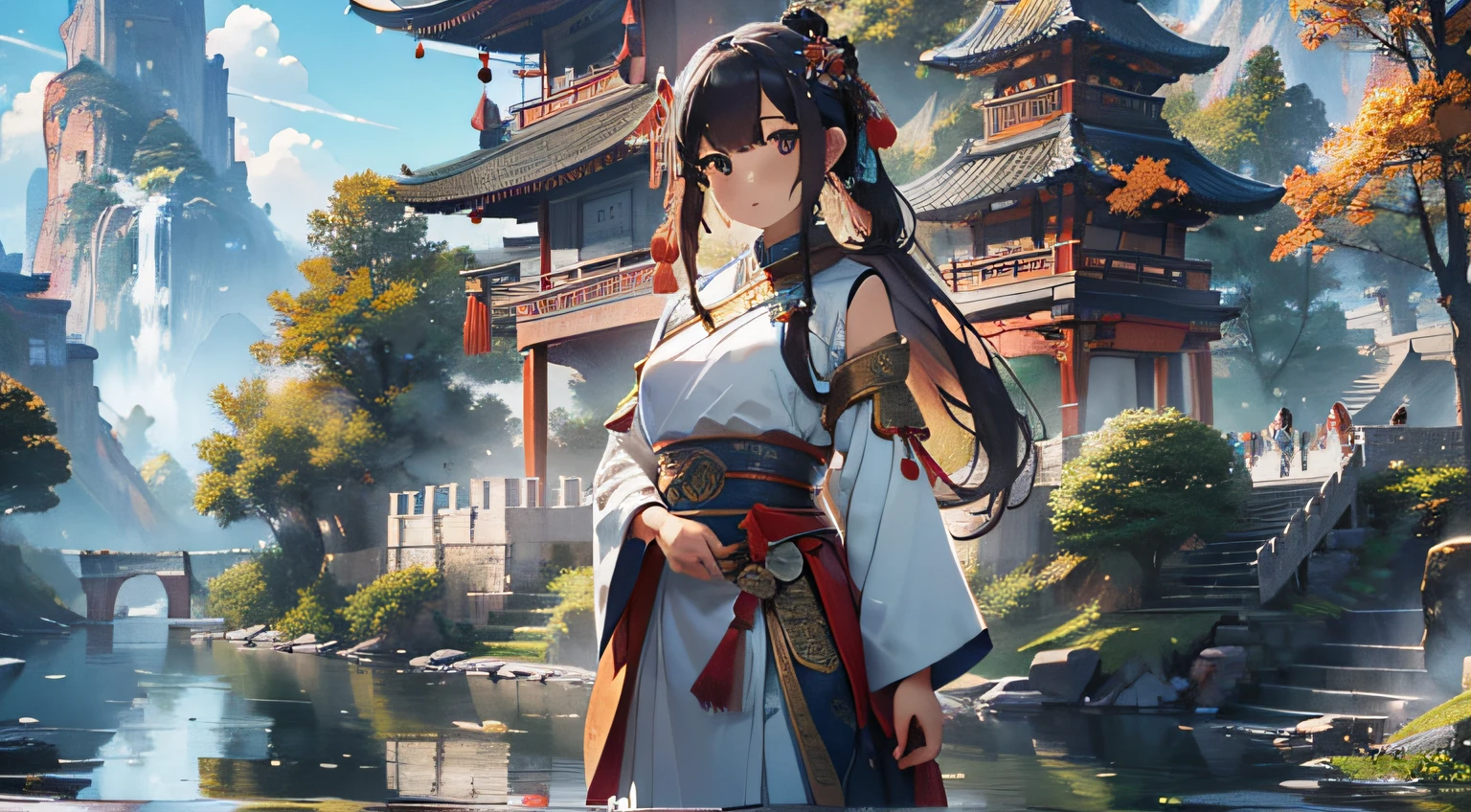 full body, hair ornaments, serene expression, exquisite facial features, perfect anatomy, Chinese buildings, mountains, white clouds, Nature, trees, clear blue transparent sky, outdoor, leaves, river, (forest), ((chinese style)), (best_quality:1.3), (((extremely clear))), (ultra_detailed:1.3), (detailed light), (masterpiece), (bloom), 8k