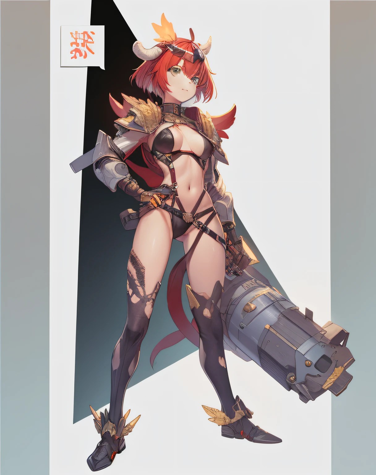 Red-haired girl, green eyes, pigtails, a wreath of horns on her head, a techno barbarian, a huge techno cannon in her hands, a huntress, bones on her body, insect plates, chitin, fur, small bones, light bones and red fur on her shoulders, dark leather stockings made of strips of cut leather on her legs, ropes and light bones on her body, thin panties, a small bra made of bones, bright red hair, Decorations made of horns, fur - a cannon. instead of panties, a rope, instead of a bra, bones and chitin, fur shoulder pads and with chitin, a tail of hair on the back of the head looks up, a short haircut, a high-tech cyberpunk gun, the girl has green eyes, a playful look, a good-natured smile, a neat nose, tight panties, tight thongs, mini underwear, leaky underwear, torn fabrics, a lot of torn fabrics, a lot of holes in fabrics, a gun with a monster's head, The barrel of the cannon in the form of a monster bursts out of its mouth flames. The girl has short hair, the tail is short at the back and looks up, fur shoulder pads, a jacket on the shoulders, a torn bra, the pubis is open, diagonal straps all over the body, powerful energy breaks out of the open barrel of the cannon, on the stomach there is a bird's skull, on the edges of the stockings there are vertebrae