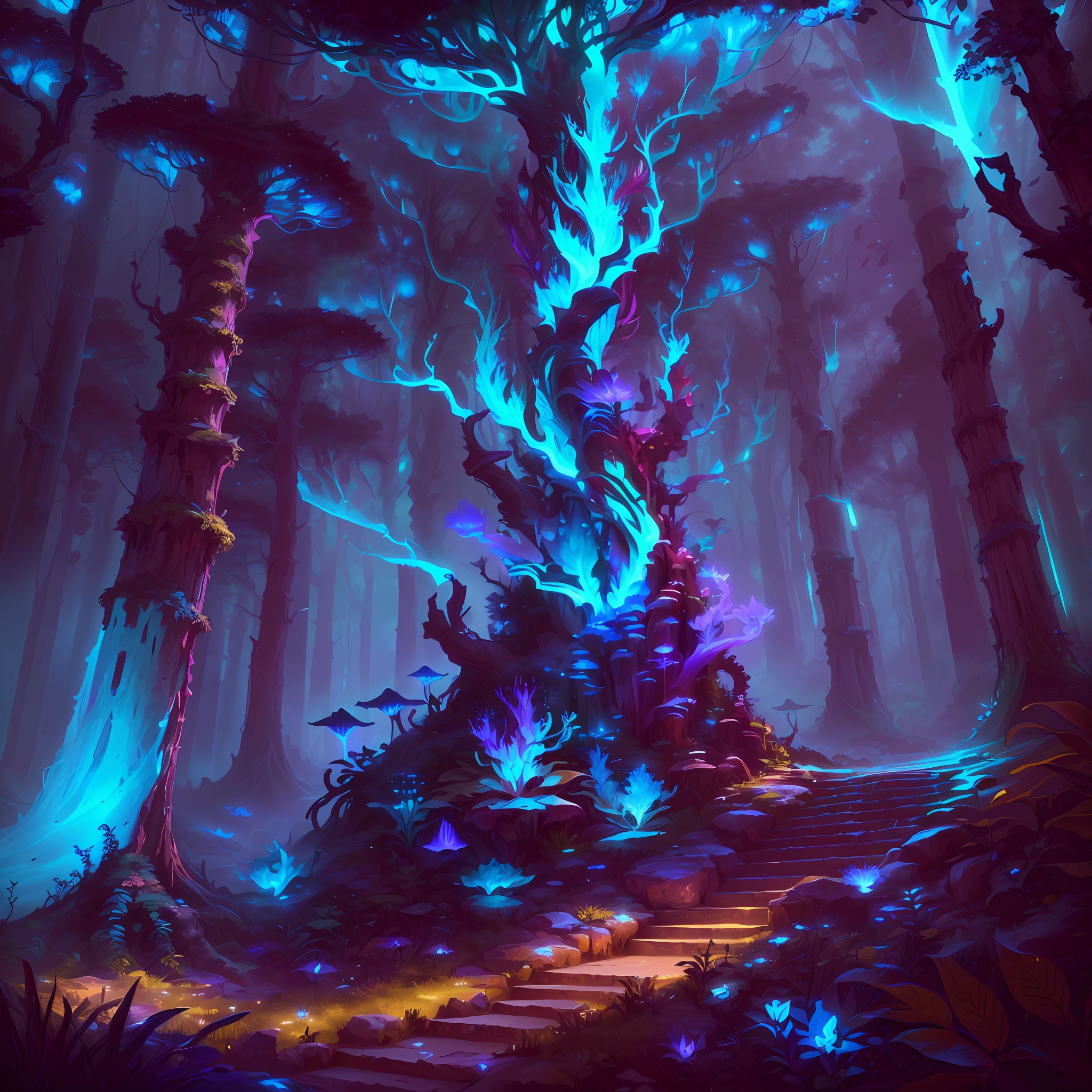illustration, cinematic light, fantasy, highres, highest quallity, ultra detailed, best quality, masterpiece, glowing (elder underworld fantasy) forest plants with neon details, small mutated animals in background