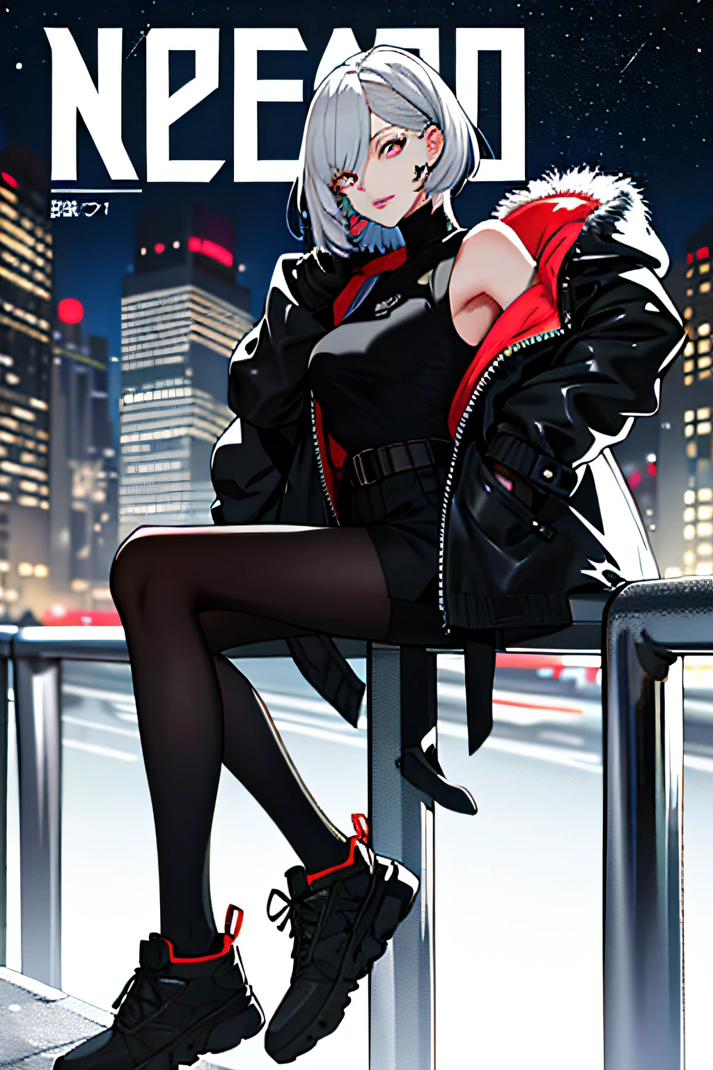 (Magazine cover: 1.3), (original: 1.2), masterpiece, best quality, beautiful clean face, (full body: 1.1), 1 girl, bangs, bare shoulders, belt, black belt, black coat, trend, fashion, black pants, blur, bob cut, breasts, building, cityscape, clothing cutout, cropped jacket, cyberpunk, depth of field, from side, gradient eyes, gray eyes, gray hair, jacket, tights, lips, long sleeves, mechanical parts, medium breasts, multicolored eyes , multicolored hair, night, night sky, bare shoulder, open clothes, open jacket, outdoor, pants, parted lips, railing, red eyeliner, science fiction, long hair short hair, short shorts, shorts, sideburns, sky, solo, standing, thigh cutout,