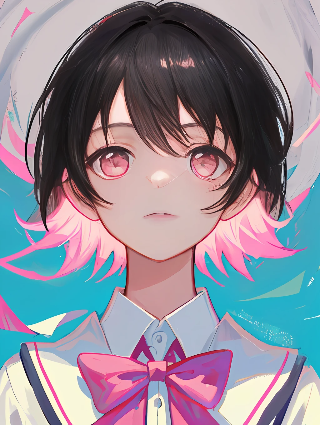 masterpiece, exquisite, ultra-precise, illustration, portrait, one boy, black hair, pink eyes, short hair, school uniform,