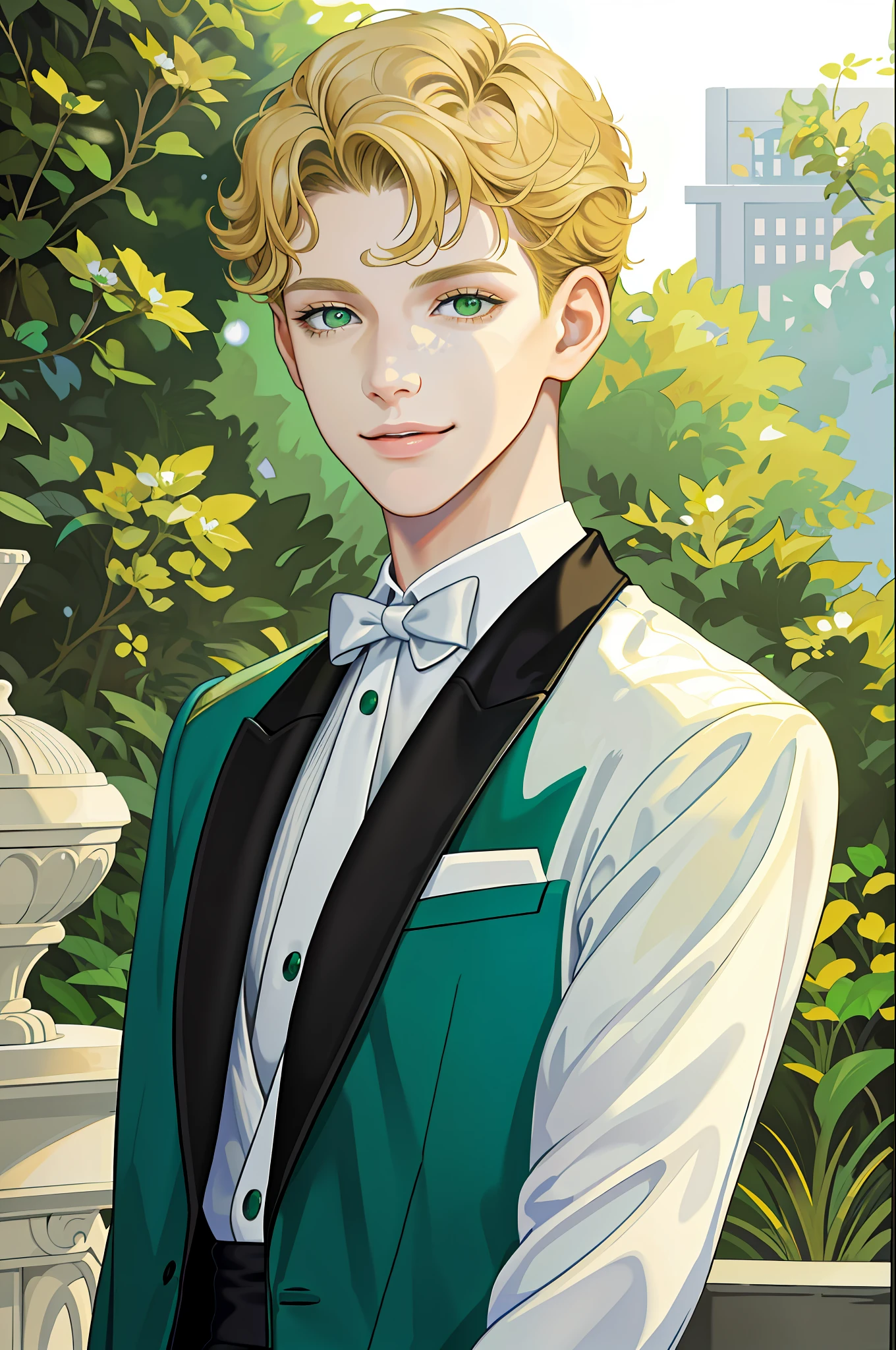 Masterpiece, Excellent, (Realistic), 1 male, ager, handsome, short hair slightly curly, blonde hair, immature, 15 yeen eyes, freckled tuxedo, fine eye and face portrayal, rosy lips, long eyelashes, portrait, upper body, angular face, thin eyebrows, cute smile, 8k