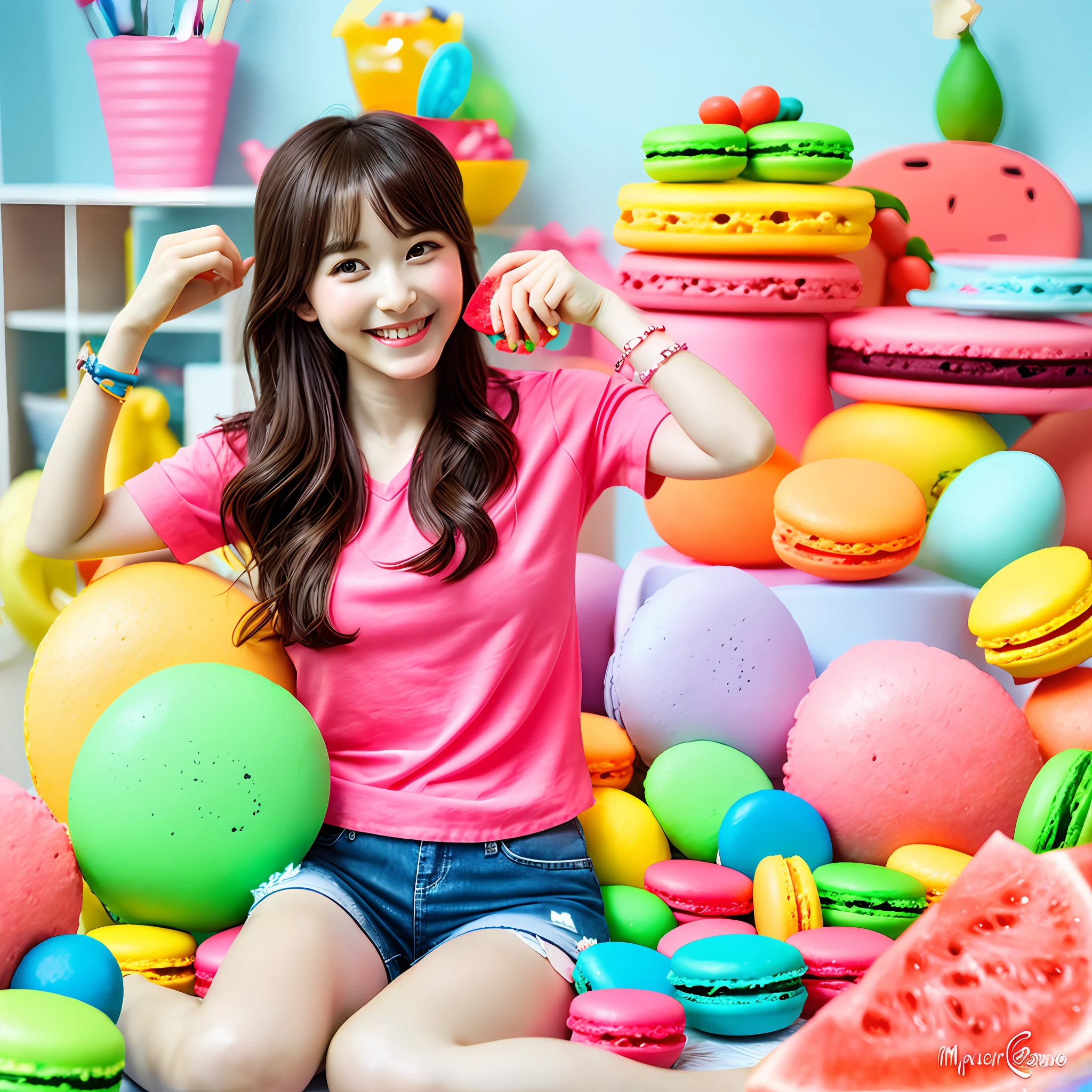 It's summer, the Full body 3d artwork of
cute gril, big watery eyes, smiling, sitting in a room eating watermelon, popmart toys, macaron color matching