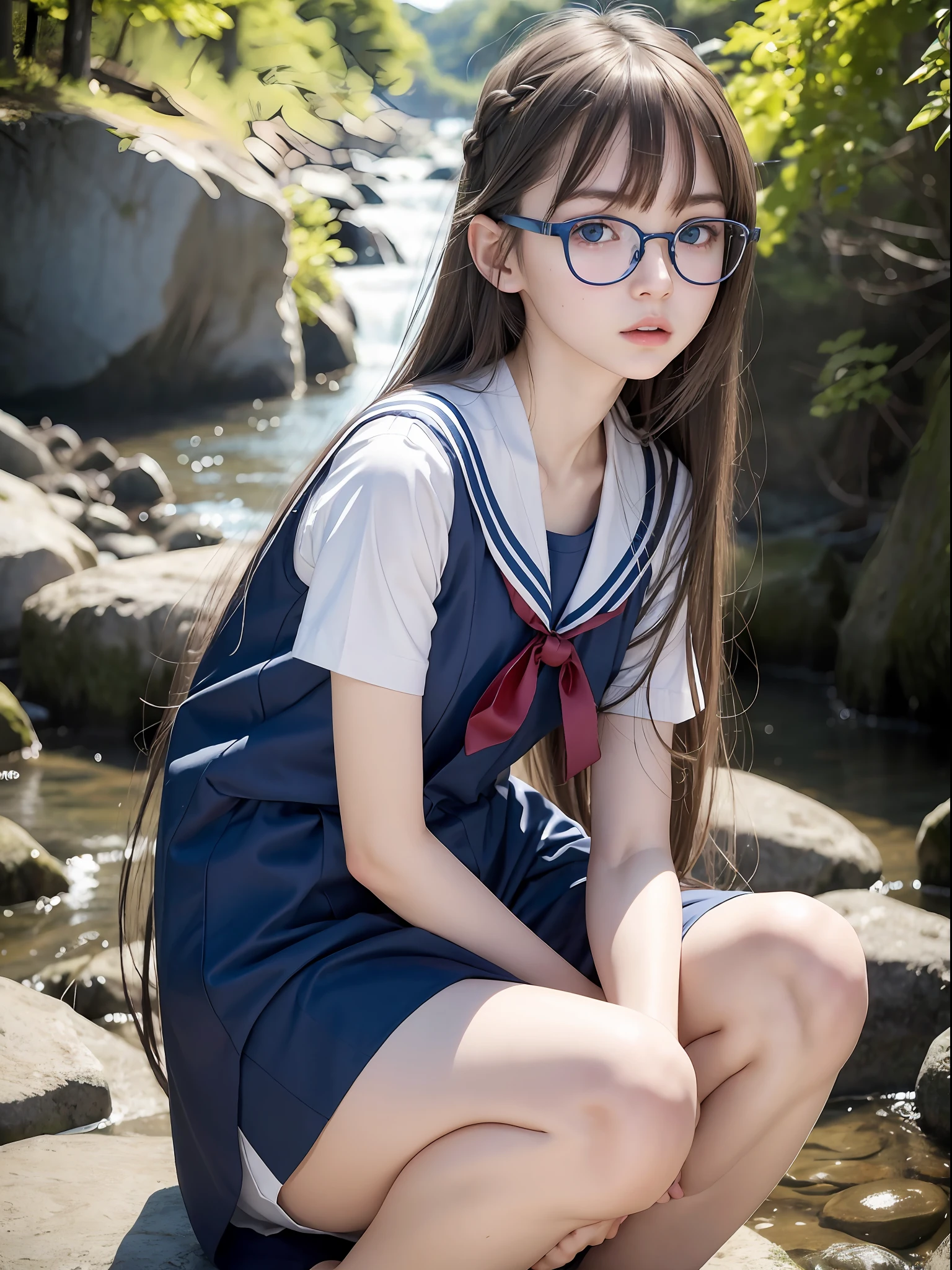 Raw photo, Candid, Textured skin, 1 girl, (long hair:1.2), pale skin, Japan person, glasses, small, young, tall, bright blue eyes, one ear out, sailor suit, arms raised, sitting, squatting, open legs, slender body, medium build, small waist, wide thighs, photorealistic, top quality, 8k, masterpiece