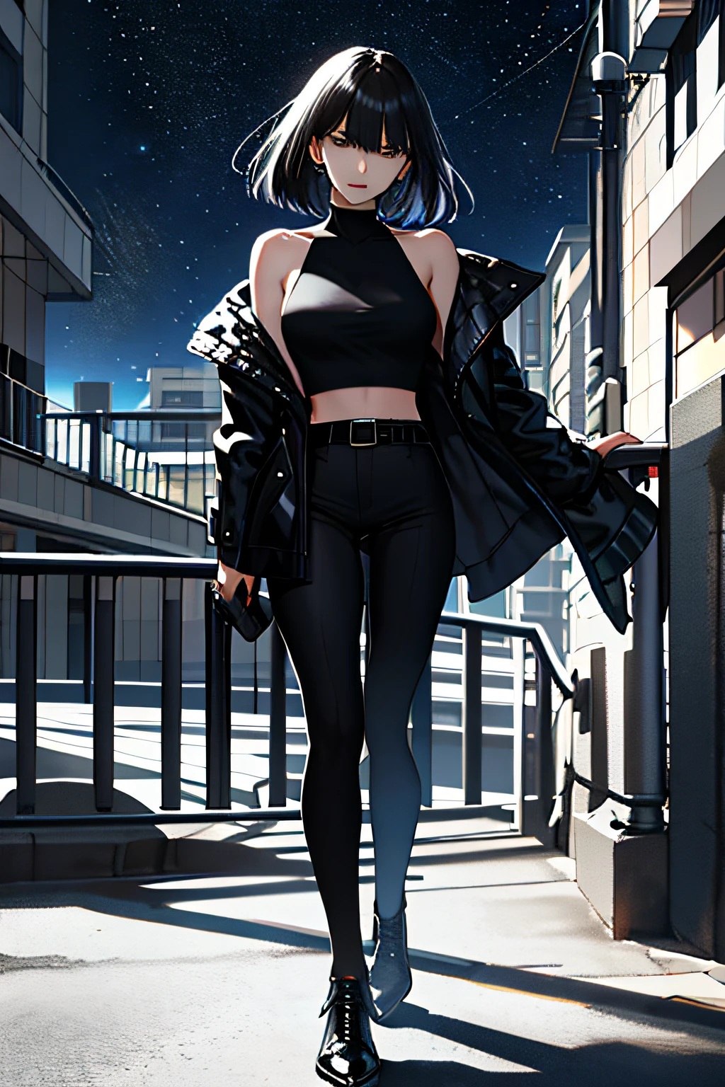 Magazine cover: 1.3), (original: 1.2), masterpiece, best quality, beautiful clean face, (full body: 1.1), 1 girl, bangs, bare shoulders, belt, black belt, black coat, trend, fashion, black pants, blur, bob cut, breasts, building, cityscape, clothing cutout, night sky from the side, bare shoulders, open clothes, open jacket, outdoors, pants, parted lips, railing, science fiction, long hair and short hair, shorts, sideburns, sky, epic shot, Award-winning photo, face details,