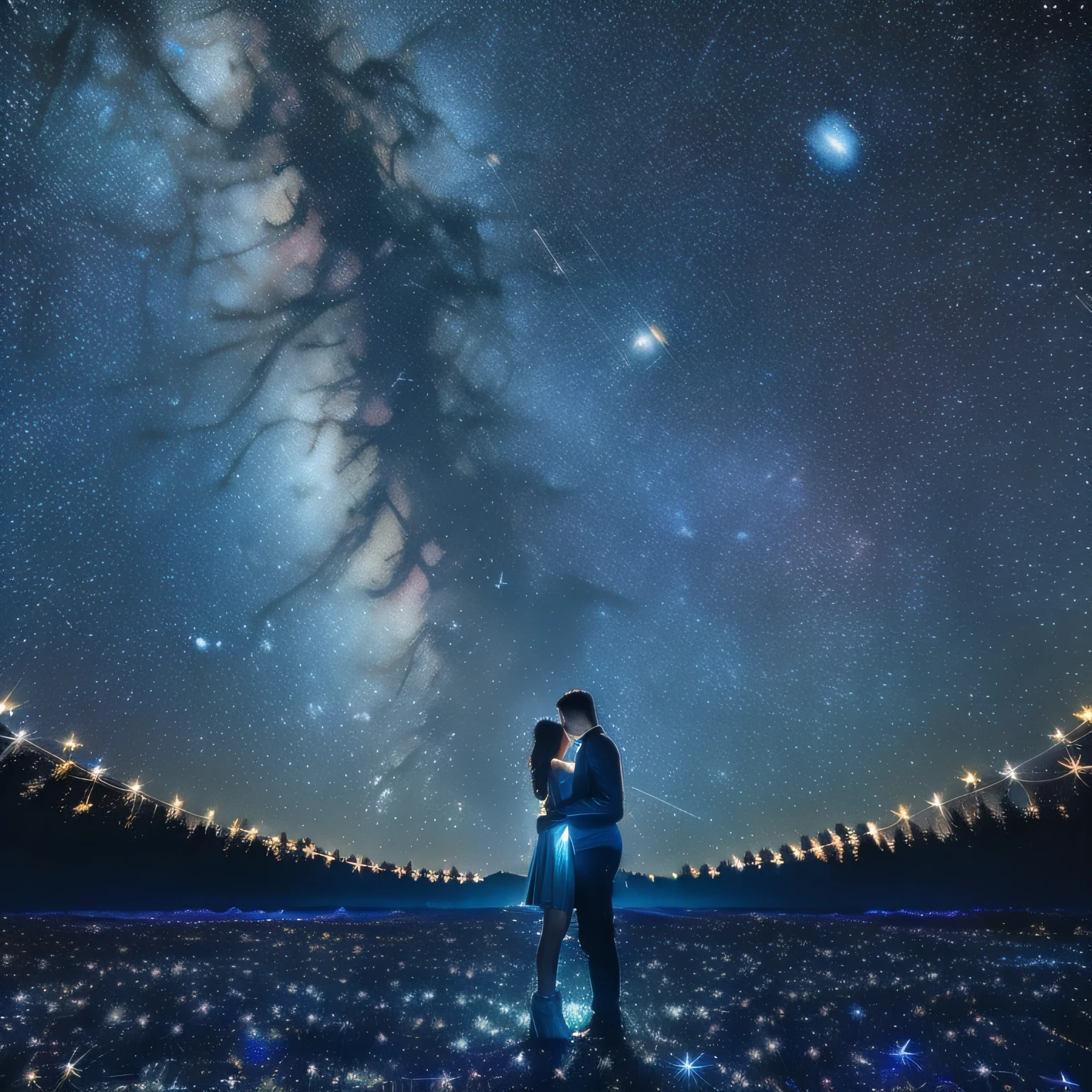 ((Dreamy), (Dark Blue, Modern Style, Starry Sky), (Brilliant Stars, Nebulae, Interlacing of Cosmic Space), (Romantic, Fantasy, Van Gogh Style)) Alone under Starlight, Standing, 4K Ultra Clear