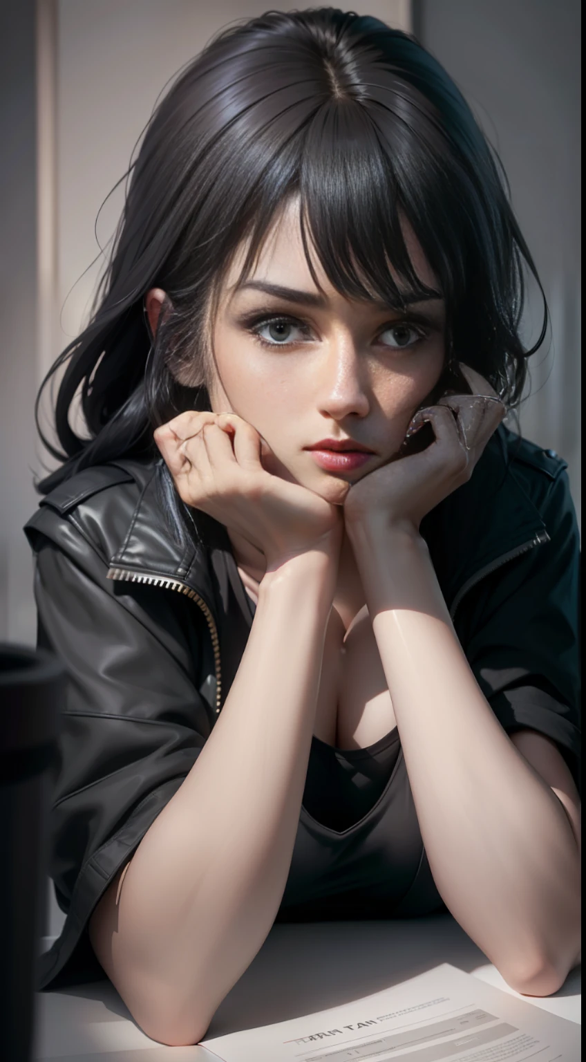 A beautiful girl wearing a black jacket and a gray T-shirt, drinking alone at the wine table, with high-intensity light and shadow contrast, the photo effect is better. The theme highlights that it has just experienced a battle and crisis, showing a high-resolution (high-definition) textured skin for a new visual experience.