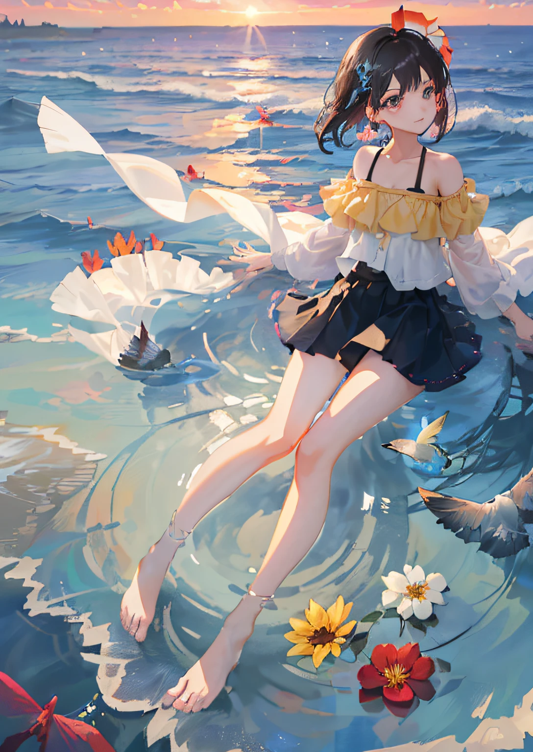 , (8K wallpaper), (face detail depiction), depth of field, (lens flare), floating colored water, floating rain, stream, field, dust, ((breeze), (floating wind), summer, sunset, horizon, (blurred background), seaside road, mountain forest, water, wading, semi-submerged, (bright light: 1.2), (altocumulus: 1.2), birds, butterflies, falling flowers, (close-up: 1.5), (fisheye: 1.2), 1girl, black hair, eyes, delicate beautiful eyes, earrings, (delicate clothes : 1.5), (barefoot: 1.2), short skirt, red skirt, such as group, off-the-shoulder, (Victoria's Secret, miniskirt), (from above: 1.5), dynamic angle, upper body, (half: 1.3), (full body: 1.2), (myopia: 1.8), colorful, (floating color wind), (highest quality), (masterpiece), (detail eye description), (macro shot: 1.25)