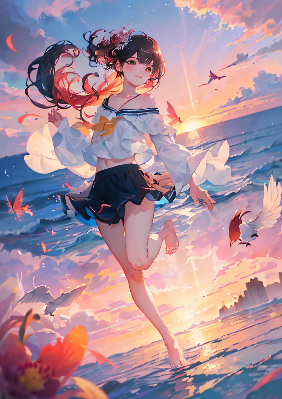 , (8K wallpaper), (face detail depiction), depth of field, (lens flare), floating colored water, floating rain, stream, field, dust, ((breeze), (floating wind), summer, sunset, horizon, (blurred background), seaside road, mountain forest, water, wading, semi-submerged, (bright light: 1.2), (altocumulus: 1.2), birds, butterflies, falling flowers, (close-up: 1.5), (fisheye: 1.2), 1girl, black hair, eyes, delicate beautiful eyes, earrings, (delicate clothes : 1.5), (barefoot: 1.2), short skirt, red skirt, such as group, off-the-shoulder, (Victoria's Secret, miniskirt), (from above: 1.5), dynamic angle, upper body, (half: 1.3), (full body: 1.2), (myopia: 1.8), colorful, (floating color wind), (highest quality), (masterpiece), (detail eye description), (macro shot: 1.25)