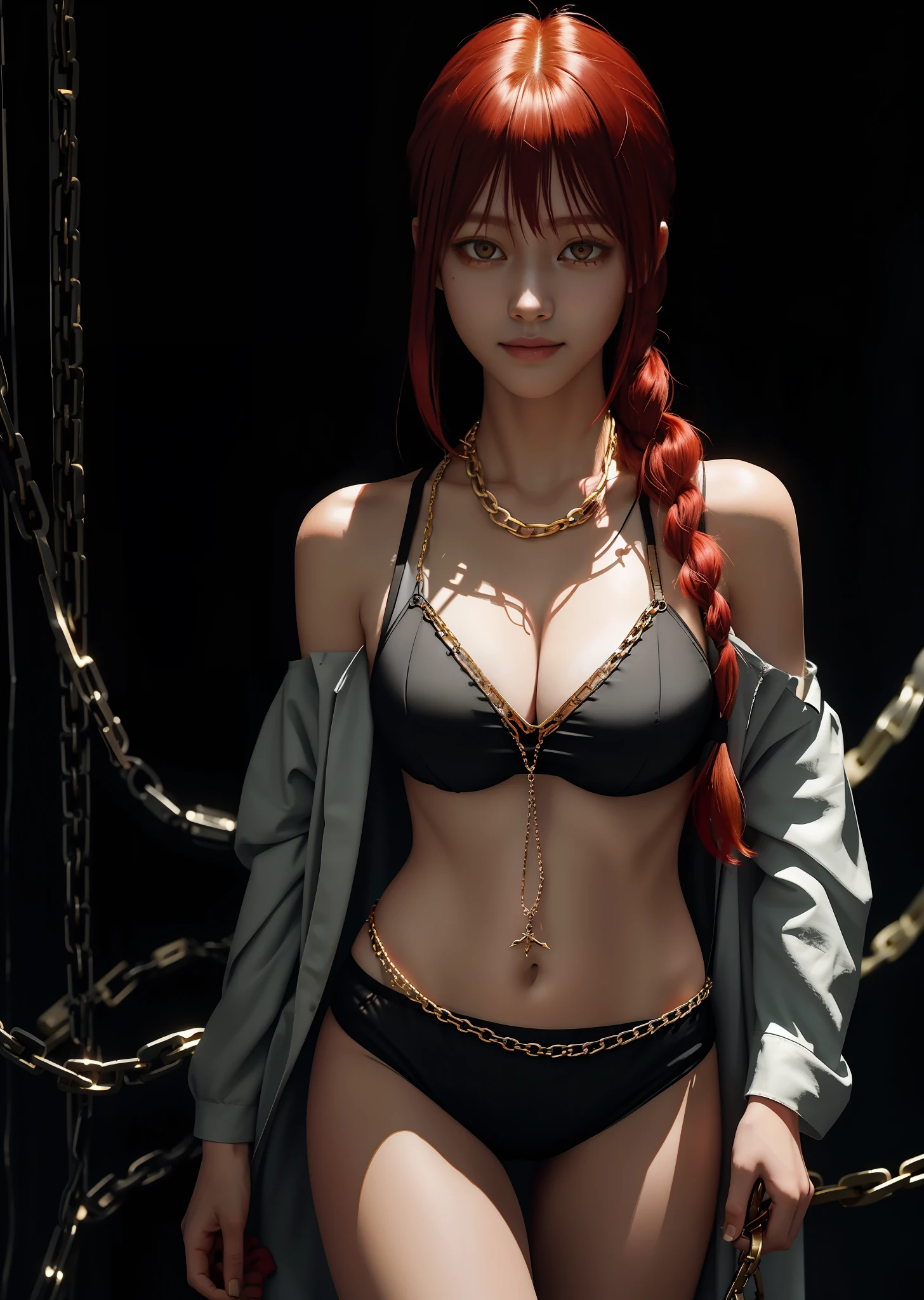 (masterpiece), (best quality), Makima \(chainsaw man\), best quality, ultra detailed, 1girl, solo, standing, red hair, long braided hair, golden eyes, sexy, tied \(not sexual\), bangs, medium breasts, without clothes, in underwear, look, smile, (evil: 1.2), looking at the viewer, (interview: 1.3), (dark background, chains:1.3)