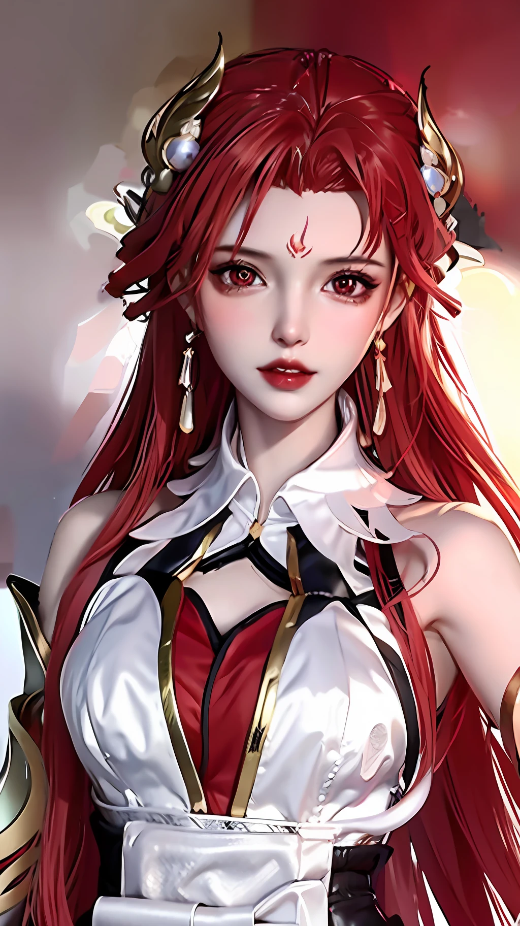 Girl, young and beautiful, tall and beautiful, fair face, perfect features, tall and beautiful, fair skin, good figure, heroic and valiant, heroic and valiant, wearing ancient Chinese armor, female general, Chinese landscape background, standing on the top of the mountain, 500 years ago, starry night, realistic, detailed, 8k, mix4, red_dress,starry sky, fire, red hair, solo, hair ornament, long hair, red eyes, jewelry, earrings, dress, bare shoulders, red lips, upper body, white background, facial mark, crescent, lipstick, forehead mark, looking at viewer