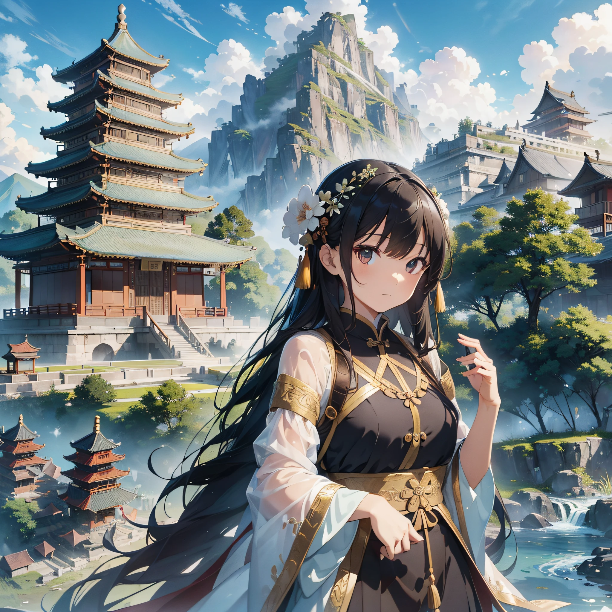 full body, hair ornaments, serene expression, exquisite facial features, perfect anatomy, Chinese buildings, mountains, white clouds, Nature, trees, clear blue transparent sky, outdoor, leaves, river, (forest), ((chinese style)), (best_quality:1.3), (((extremely clear))), (ultra_detailed:1.3), (detailed light), (masterpiece), (bloom), 8k