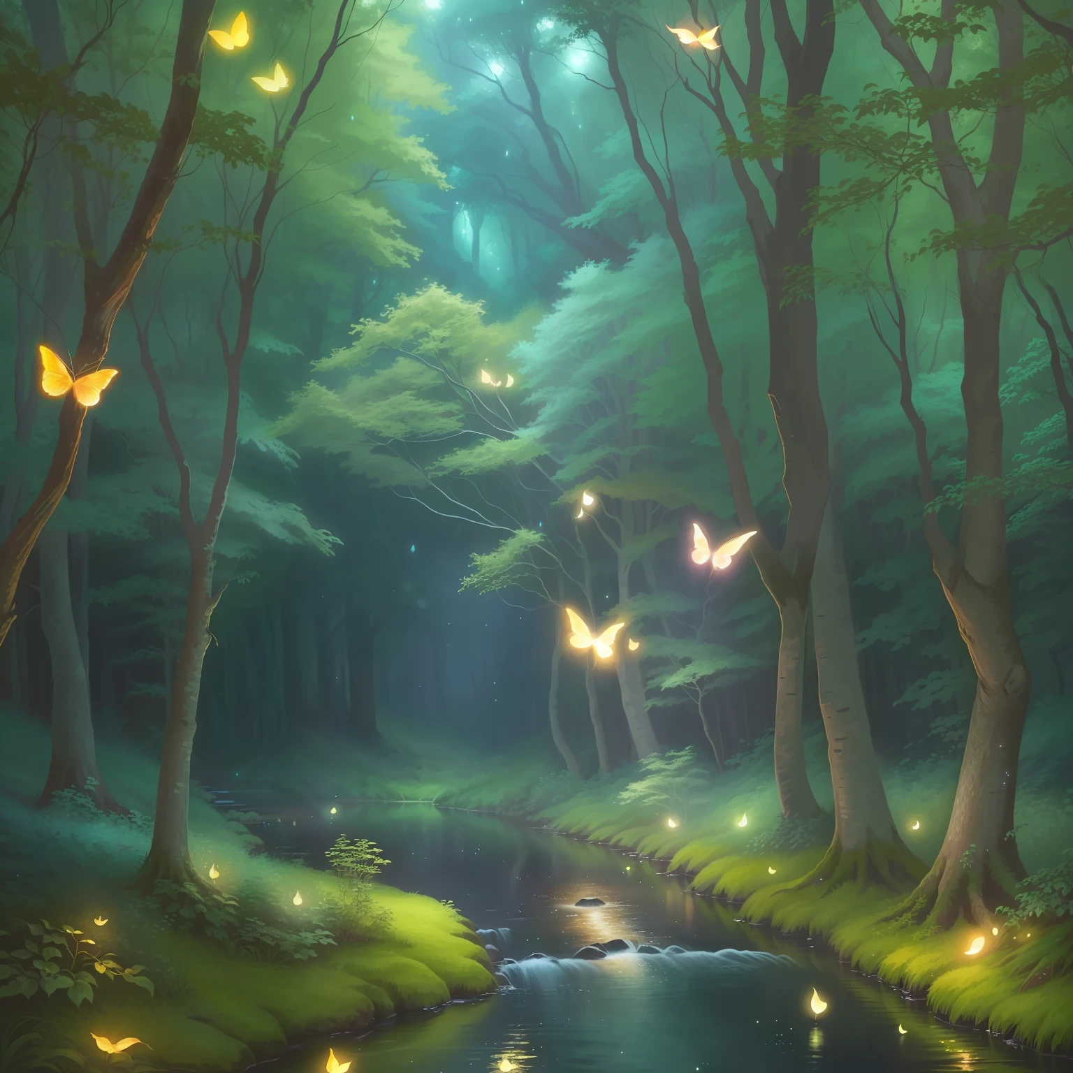 there is a stream running through a forest with lots of trees, magical forest with fireflies, magical forest backround, enchanted magical fantasy forest, magical fantasy forest, magical forest, magic fairy forest, magical forest background, magical environment, magical clearing, fantasy forest, fairytale forest, enchanted and magic forest, peaceful elven forest, lush fairy forest, fairy forest