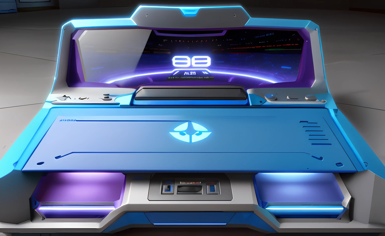 A console similar to a game console, mechanical wind, color is a combination of blue, white, purple, do not appear too dark color, there is a whole LCD screen above the console, three buttons below, realism, game CG, front view, soft light, 3D CG, C4D, octane, behance, extremely high quality pictures, 8k,