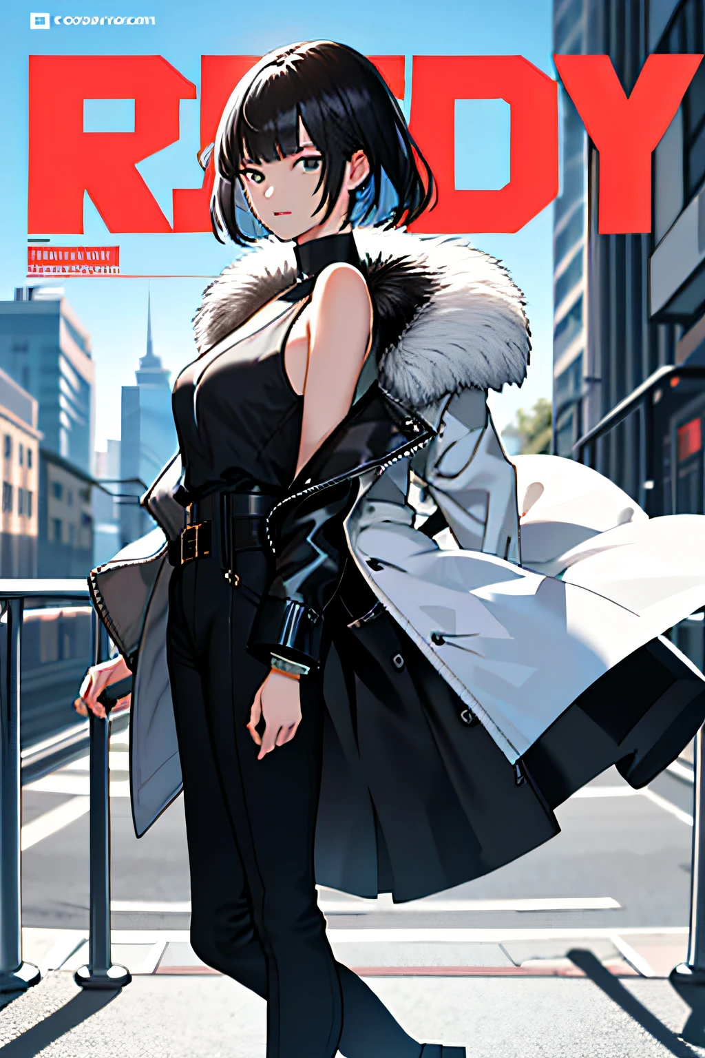 Magazine cover: 1.3), (original: 1.2), masterpiece, best quality, beautiful clean face, (full body: 1.1), 1 girl, bangs, bare shoulders, belt, black belt, black coat, trend, fashion, black pants, blur, bob cut, breasts, building, cityscape, clothing cutout, night sky from the side, bare shoulders, open clothes, open jacket, outdoor, pants, railing, science fiction, long hair short hair, shorts, sideburns, sky, epic shot, award winning photo, Face details, (fur collar: 1.0), (Ultra clear face: 1.3)